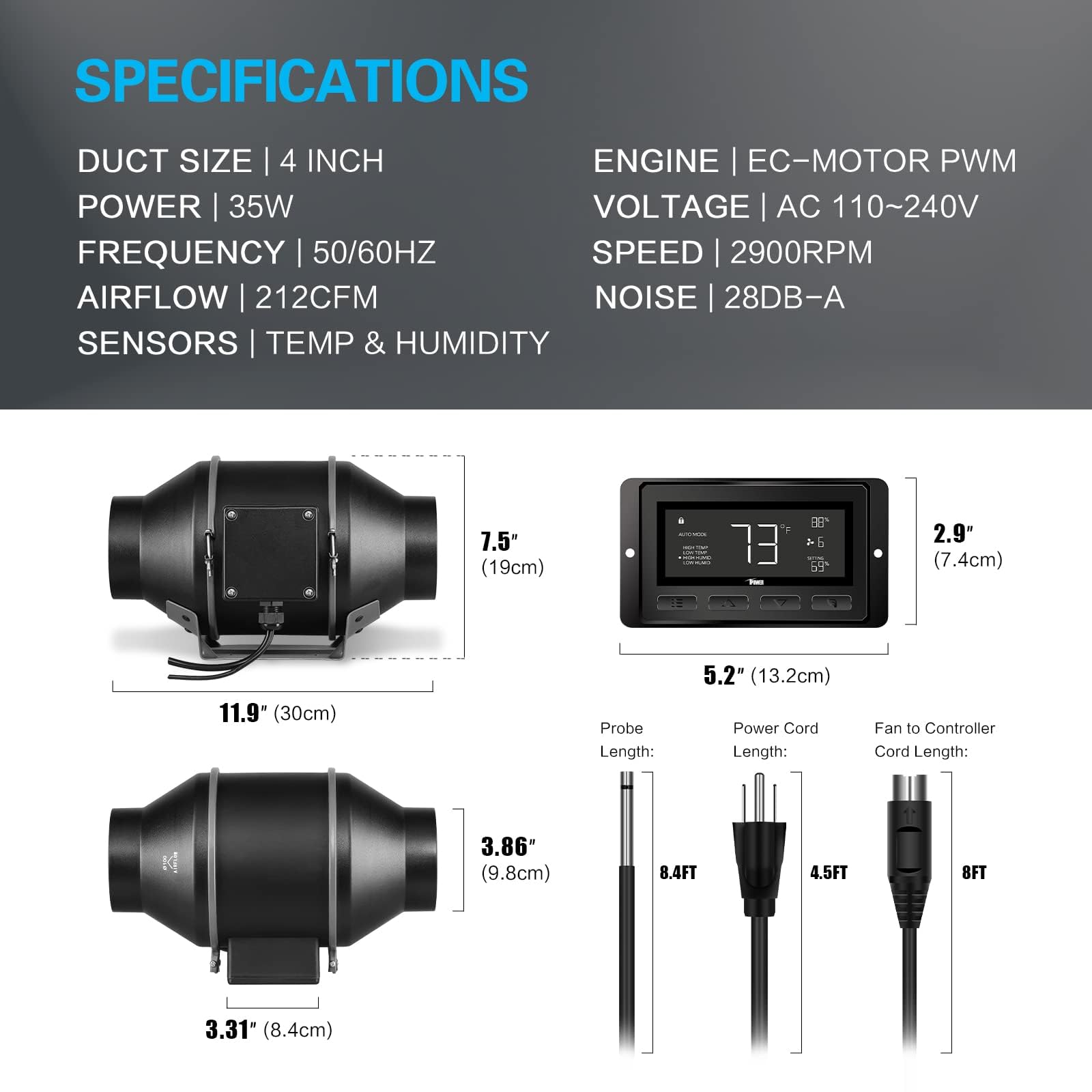 iPower - Ventilador inteligente de conductos en línea, silencioso de 4 pulgadas, 212 CFM, ventilador de escape de ventilación, motor EC y driver WiFi de temperatura para calentamiento, enfriamiento,