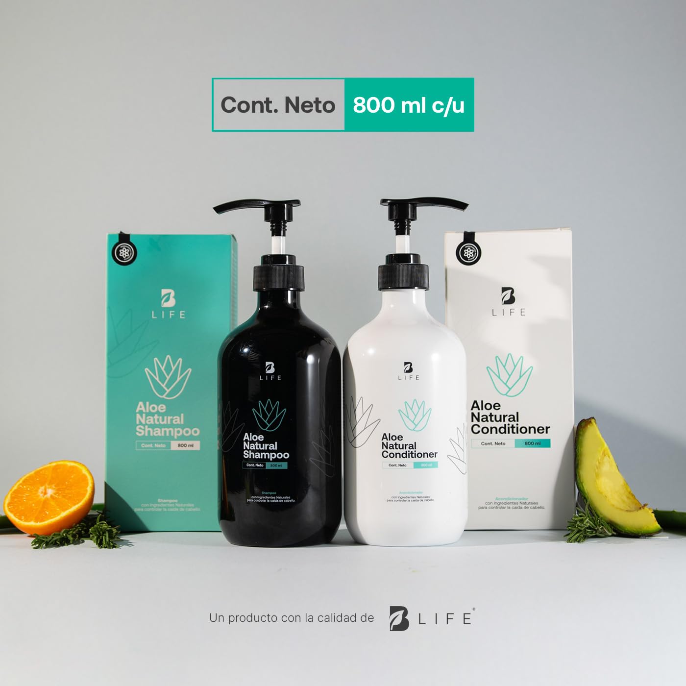 Kit Shampoo y Acondicionador Natural de 800ml C/U sin Sulfatos ni Parabenos con Ingredientes Naturales. Natural Conditioner and Shampoo B Life.