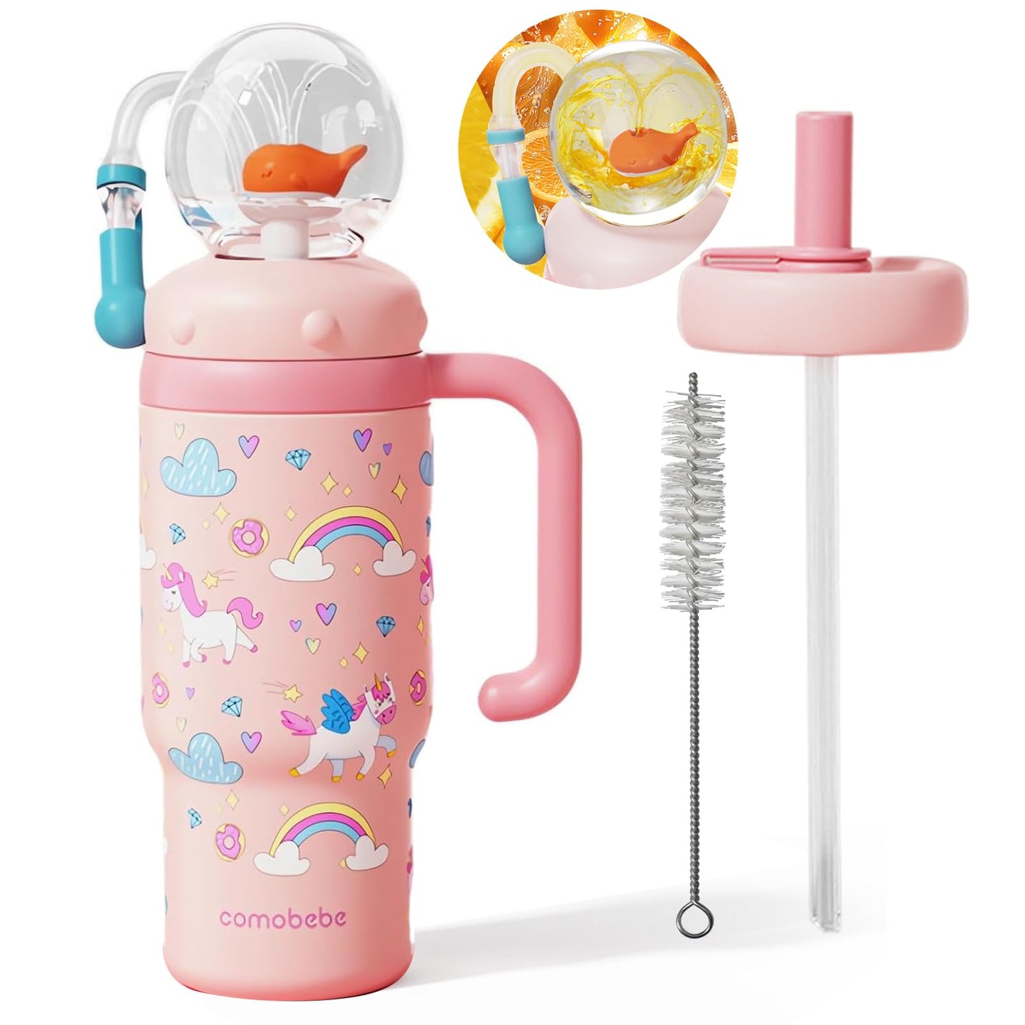 RUNSUNTUN Taza de viaje con forma de ballena aislada, taza de 710 mililitros de acero inoxidable con asa, taza con pajita a prueba de fugas, modelo 2025 - Lavable. Adecuada para niños, adolescentes y