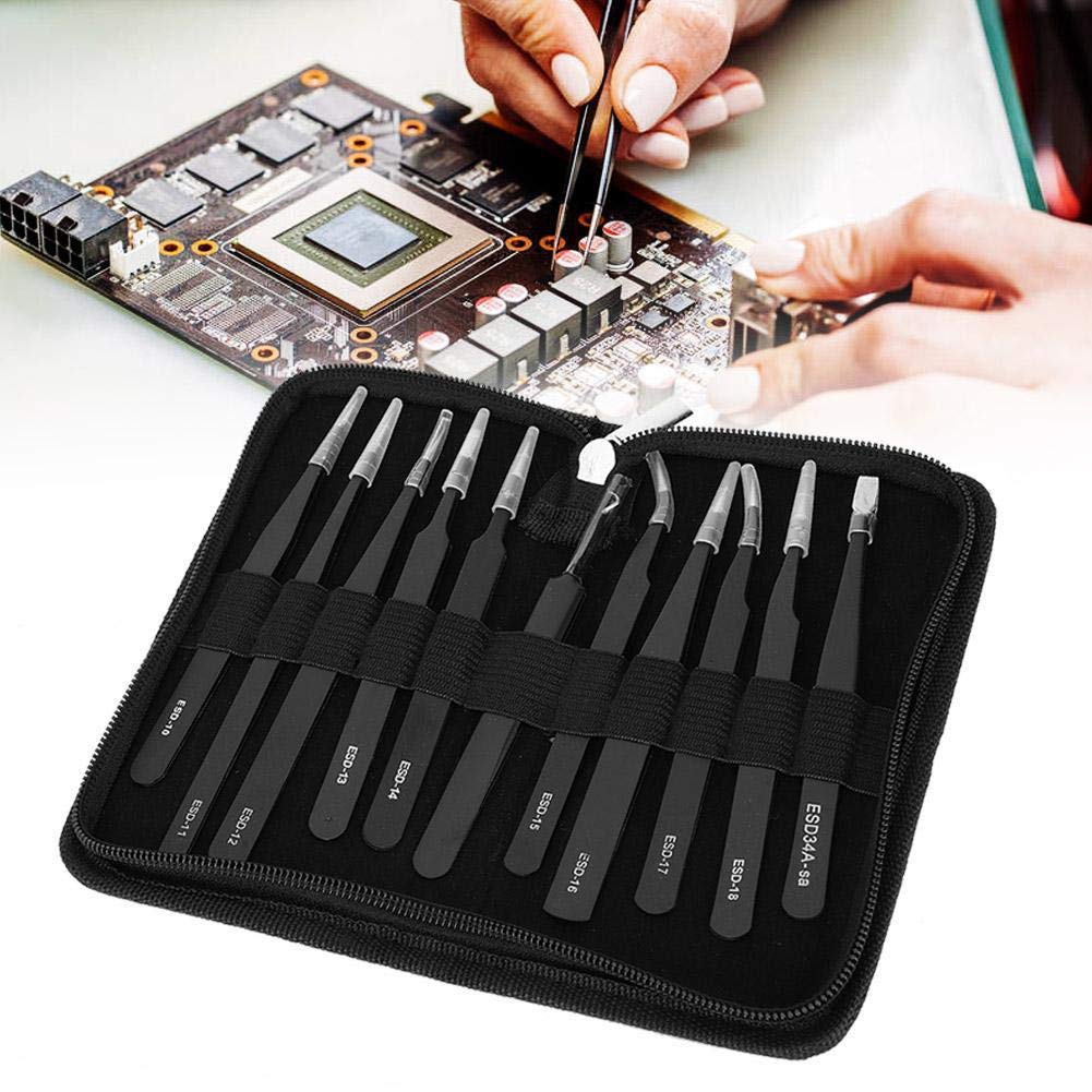 Garosa 11 piezas Juego de pinzas de precisión kit de pinzas antiestáticas ESD de acero inoxidable con bolsa portátil Kit de Herramientas de reparación para Reparación Electrónica(#1)