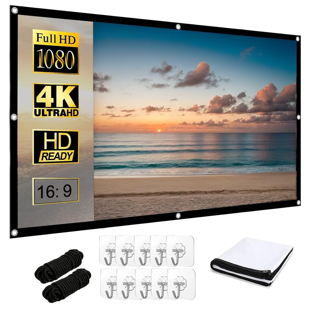 YUNZJUNLY Pantalla para Proyector 100 Pulgadas, Tela para Proyector HD 4K, Antiarrugas y Portátil, Lona Gruesa para Eventos Deportivos y Películas en Interiores y Exteriores, Fácil de Instalar Guardar