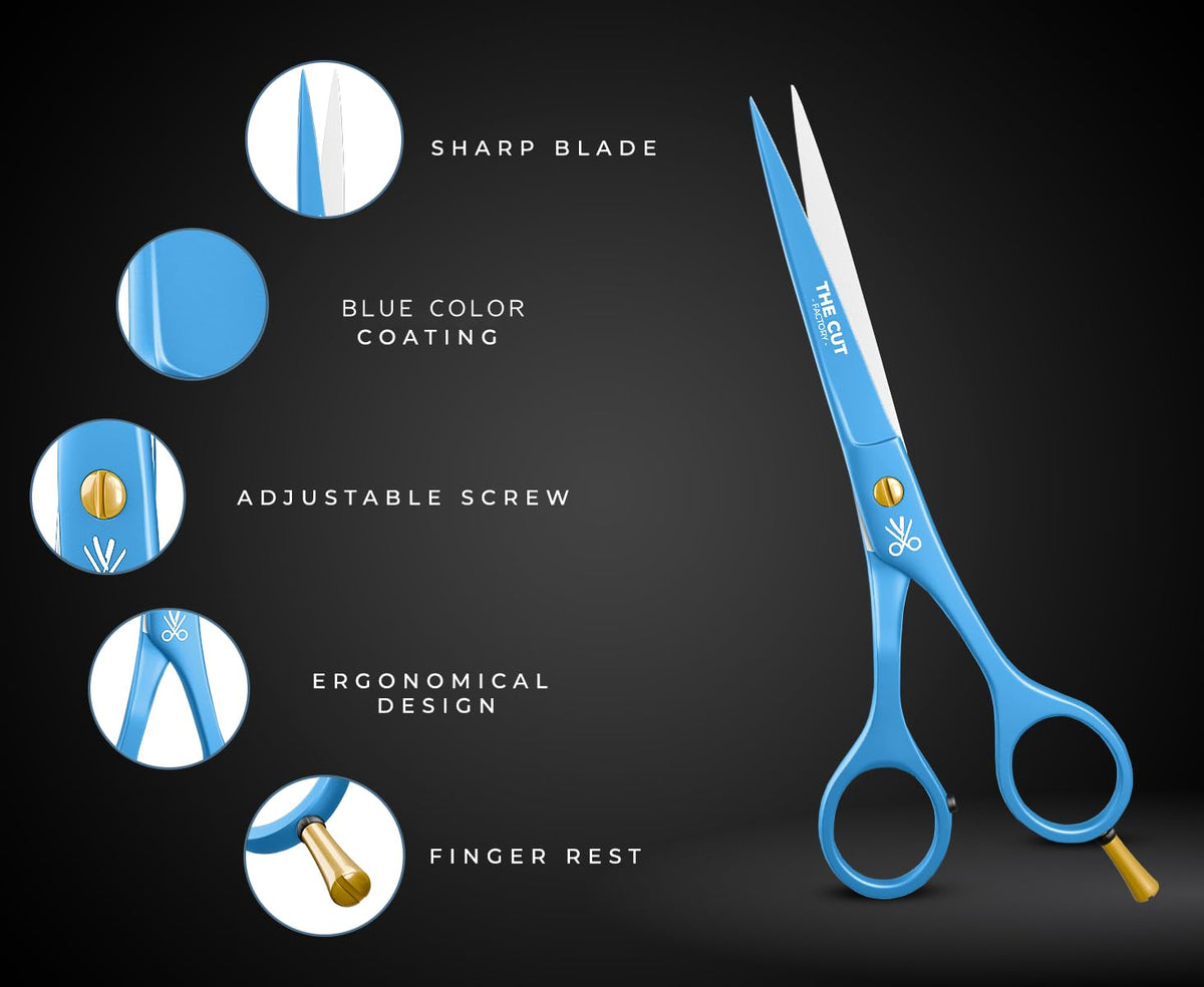 The Cut Factory- Hair Scissors and Barber Scissors Professional- 6 mejores tijeras de corte de pelo de acero inoxidable con cuchillas de borde de afeitar lisas, uso para salón y uso personal (azul)