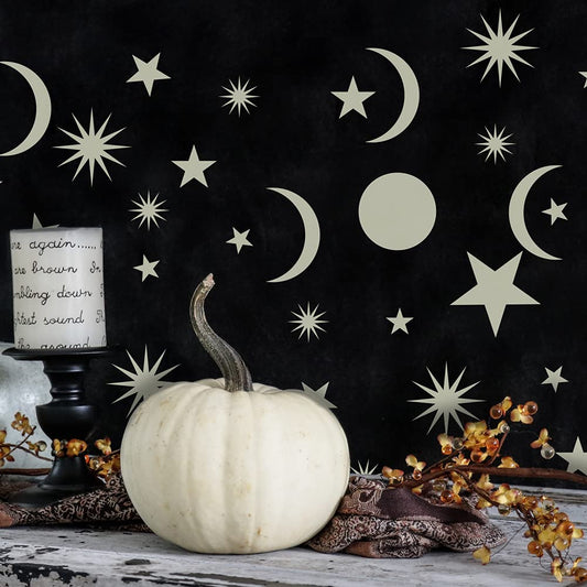 Calcomanías para pared de Halloween con luna mágica y estrellas que brillan en la oscuridad, despegar y pegar