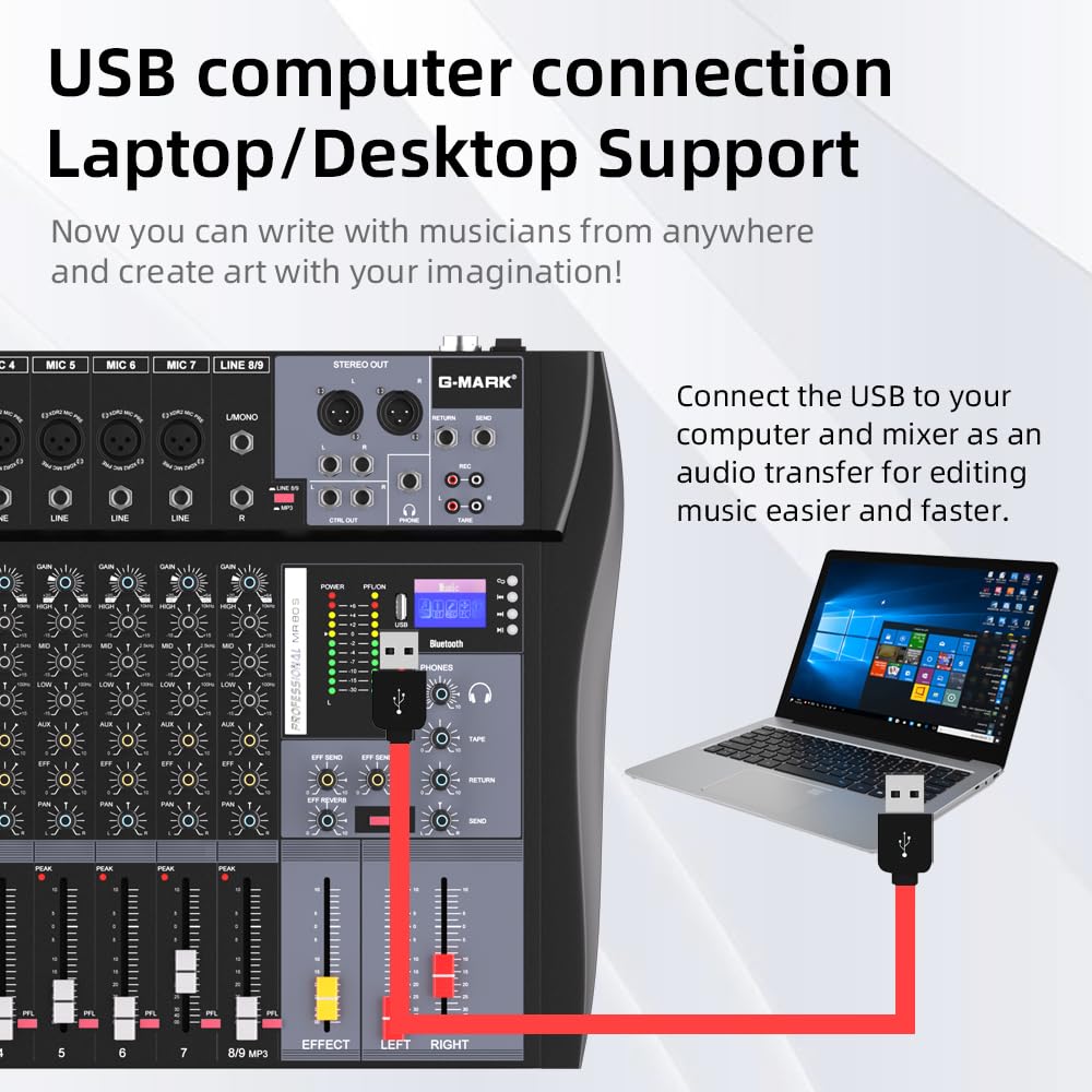 G-MARK MR80S Mezcladora de Audio Profesional 8 Canales, Consola de Audio Mixer con Interfaz USB Bluetooth, Mezcladora Digital de Estudio con Phantom Power de 48V para PC Estéreo Grabación Karoake