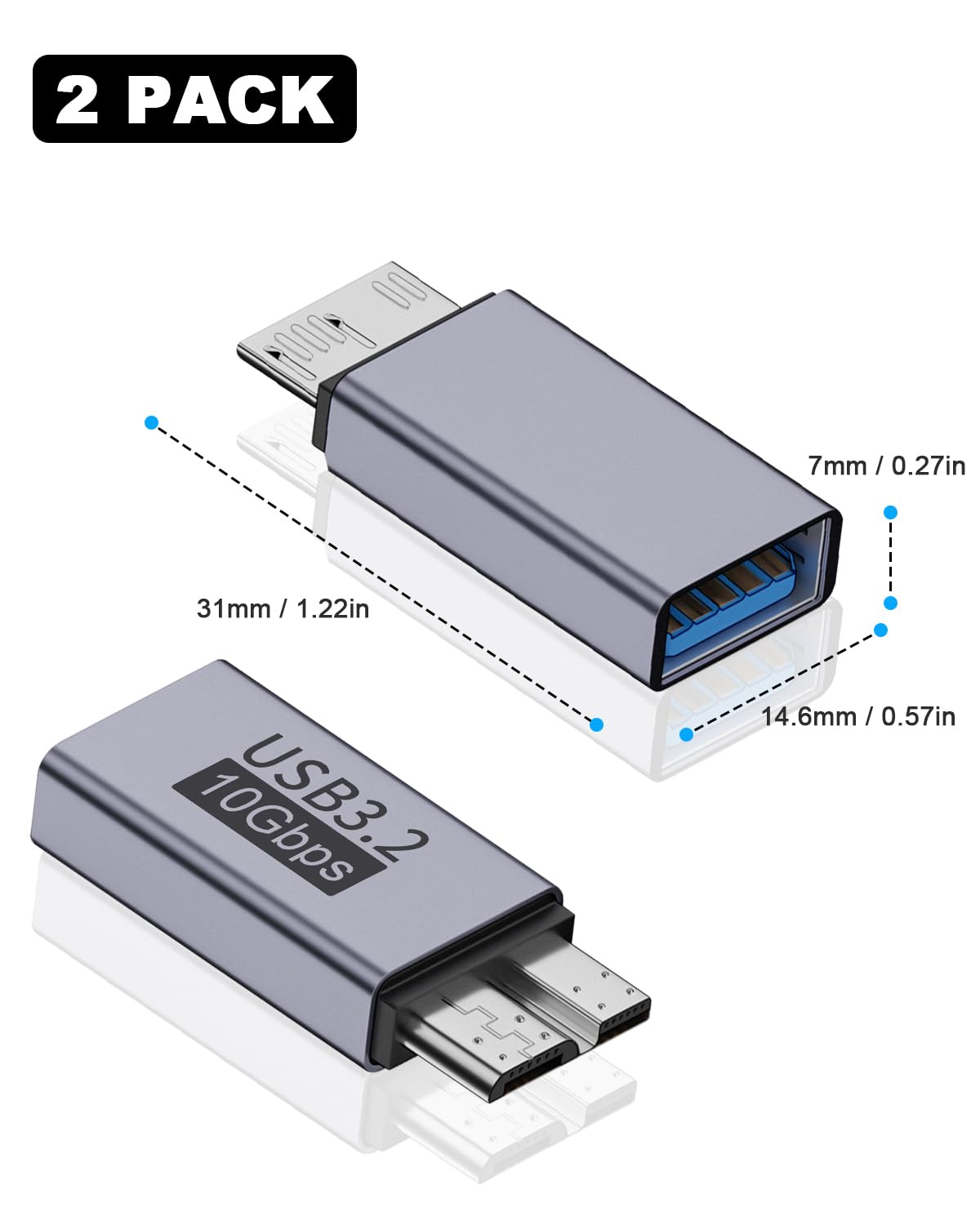 Adaptador USB 3.2 Danfetsoy Gris Micro B a USB A 10 Gbps para Discos Duros Externos