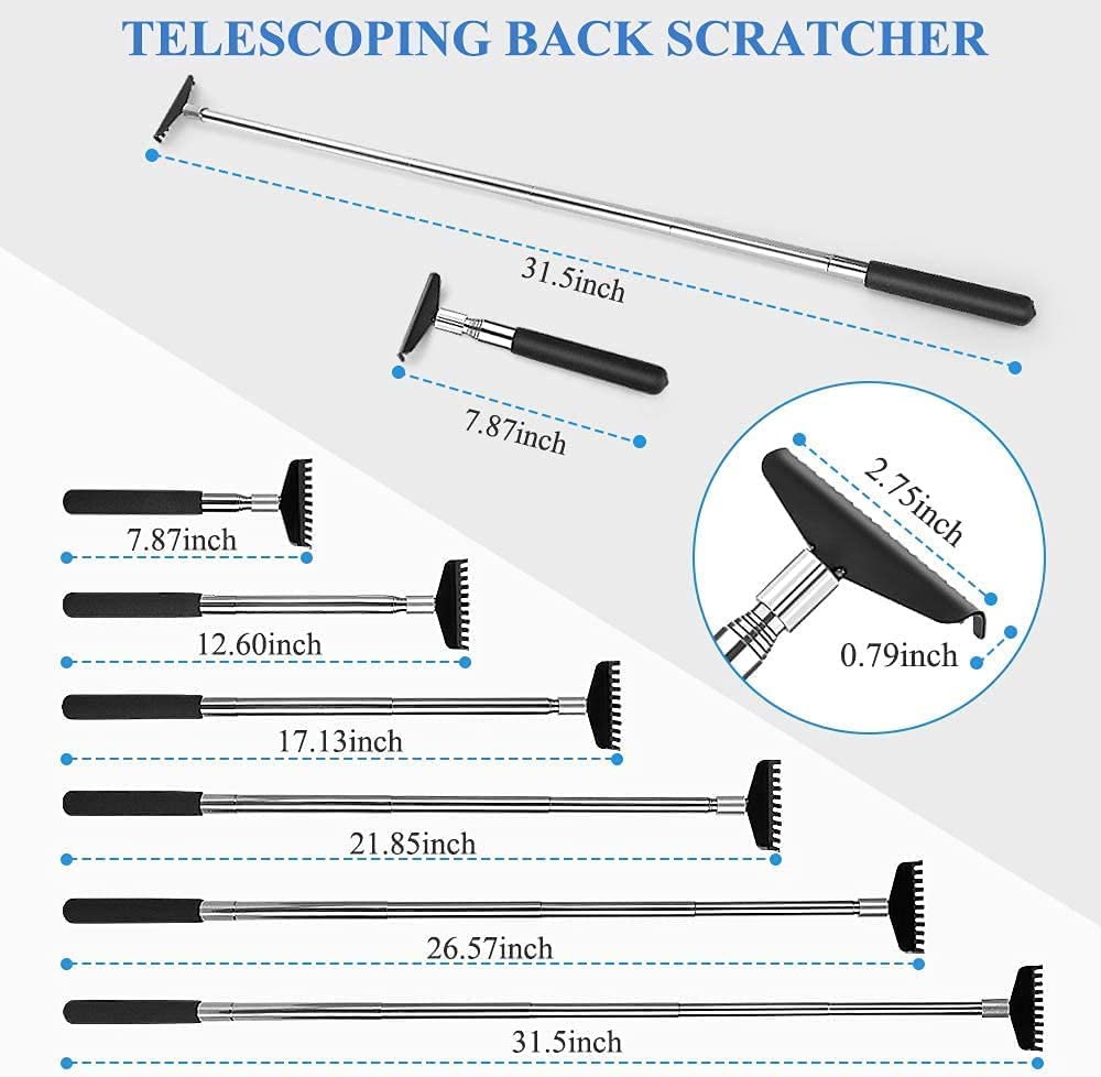 Rascador de espalda extensible portátil de gran tamaño, 2 unidades, de acero inoxidable, herramienta de rascador telescópico telescópico de acero inoxidable con bolsa de transporte de lona (negro)