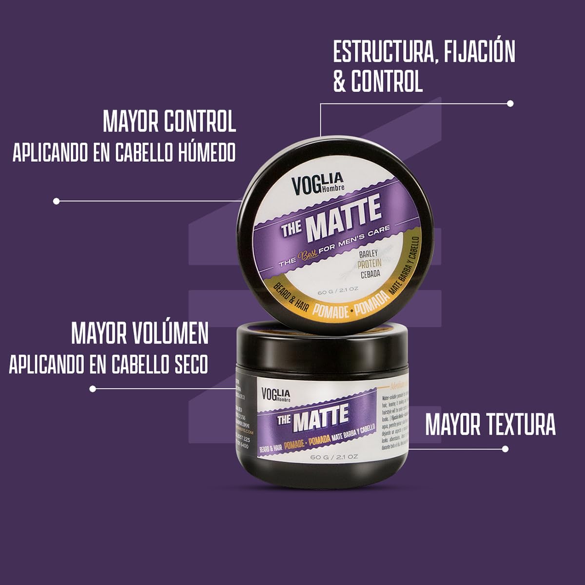 VOGLIA HOMBRE 2 pack Pomada para peinar MATTE Barba, cabello y bigote. Sin sensación grasosa, sin residuos, sin brillo.