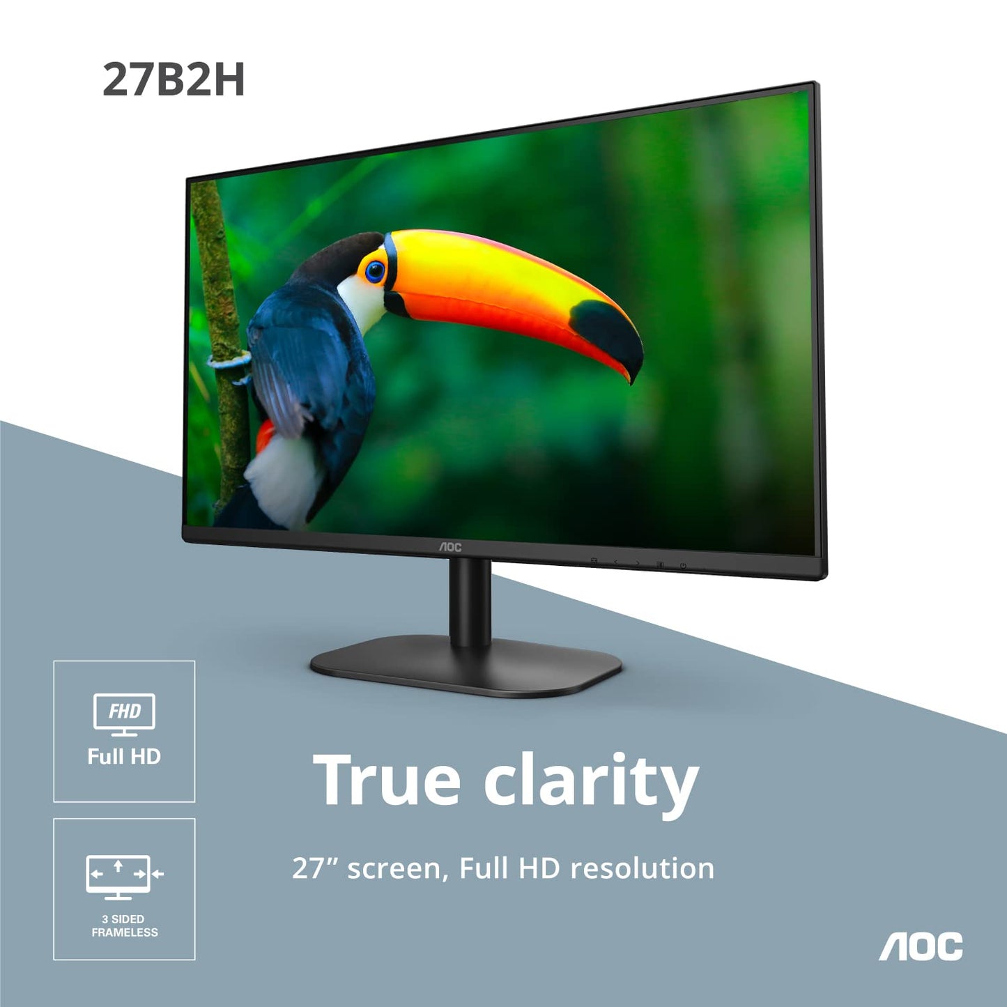 AOC 27B2H Monitor LED IPS de 27", Resolución 1920x1080, Brillo 250CD/M2, Soporte VESA, Conexión HDMI/VGA, Tecnología Flicker Free, Modo luz Azul bajo, Negro Mate.