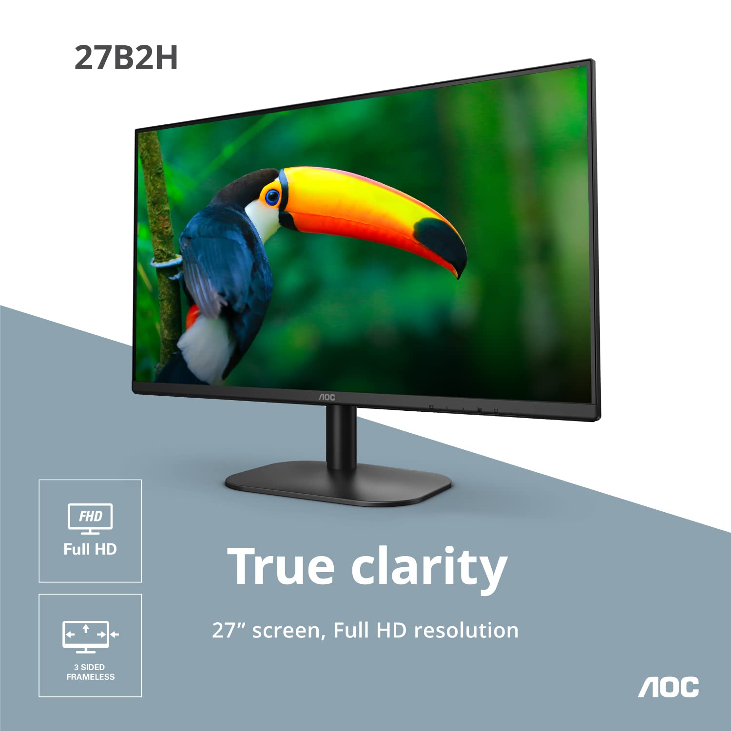 AOC 27B2H Monitor LED IPS de 27", Resolución 1920x1080, Brillo 250CD/M2, Soporte VESA, Conexión HDMI/VGA, Tecnología Flicker Free, Modo luz Azul bajo, Negro Mate.