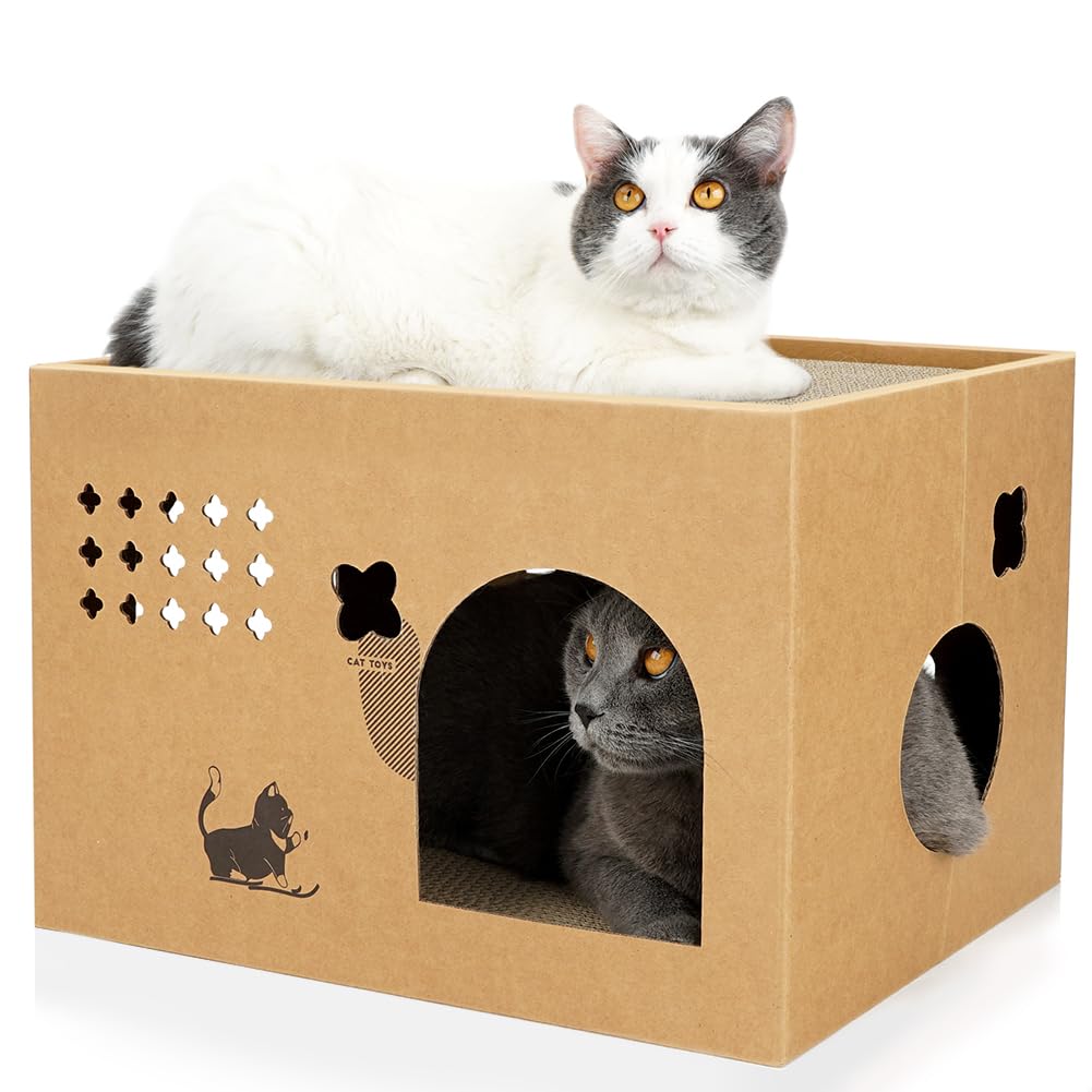 Casa de cartón para gatos con 2 almohadillas para orejas para rascar, cama grande para gatos rascadores para gatos de interior con cartón corrugado, caja rascador desmontable para gatos (Cactus)