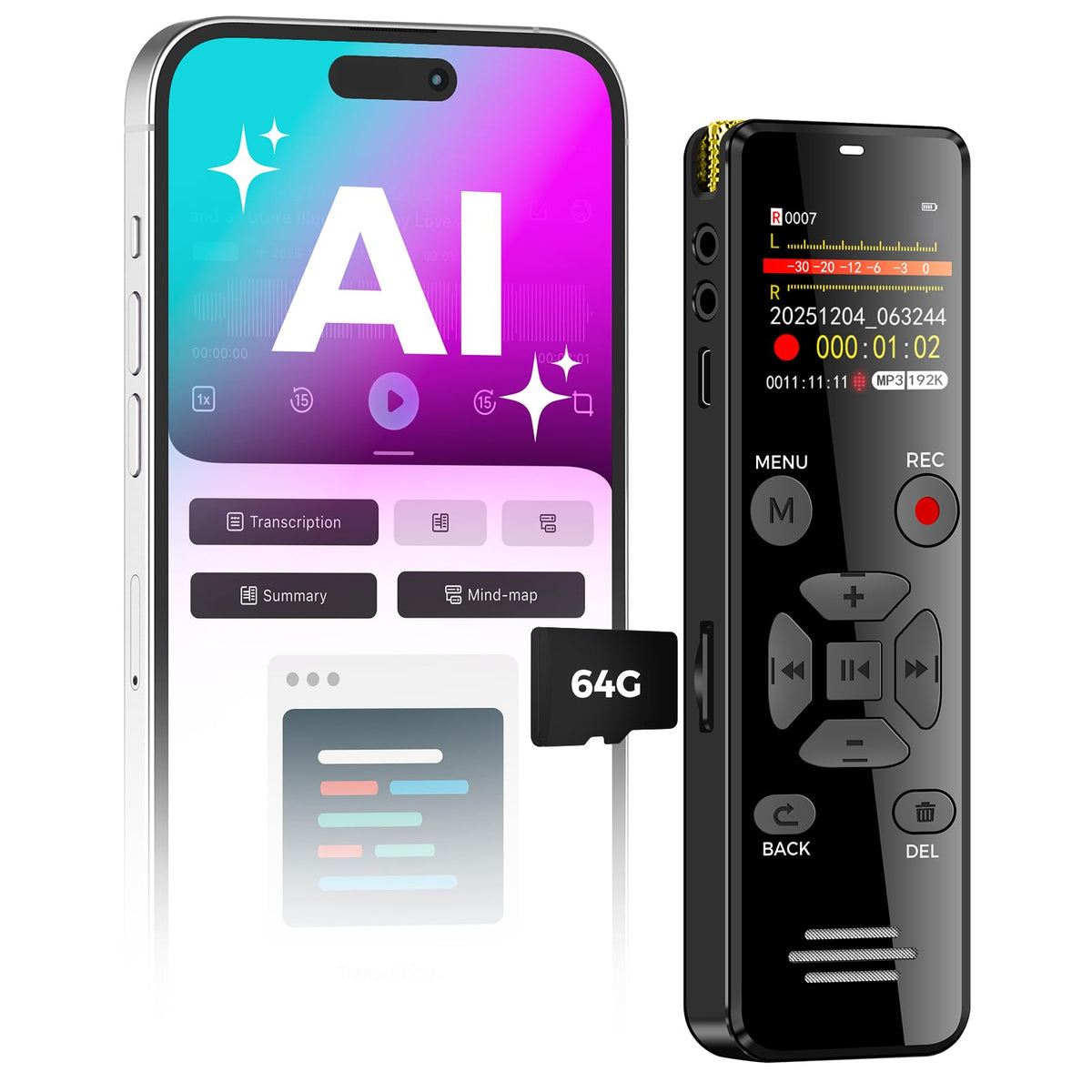 Grabadora de Voz Digital AI 64 GB con Reproducción y Transcripción para Reuniones y Conferencias