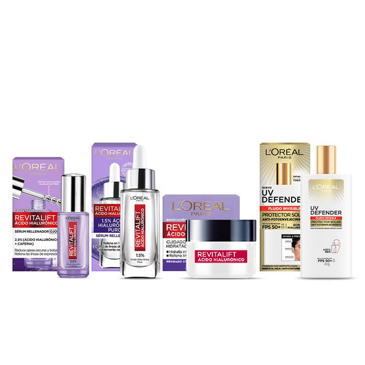 L'Oréal Paris Kit: Sérum Rostro Sérum de Ojos y Crema de Día Revitalift Ácido Hialurónico + Protector Solar Diario FPS50+ UV Defender Fluido Invisible