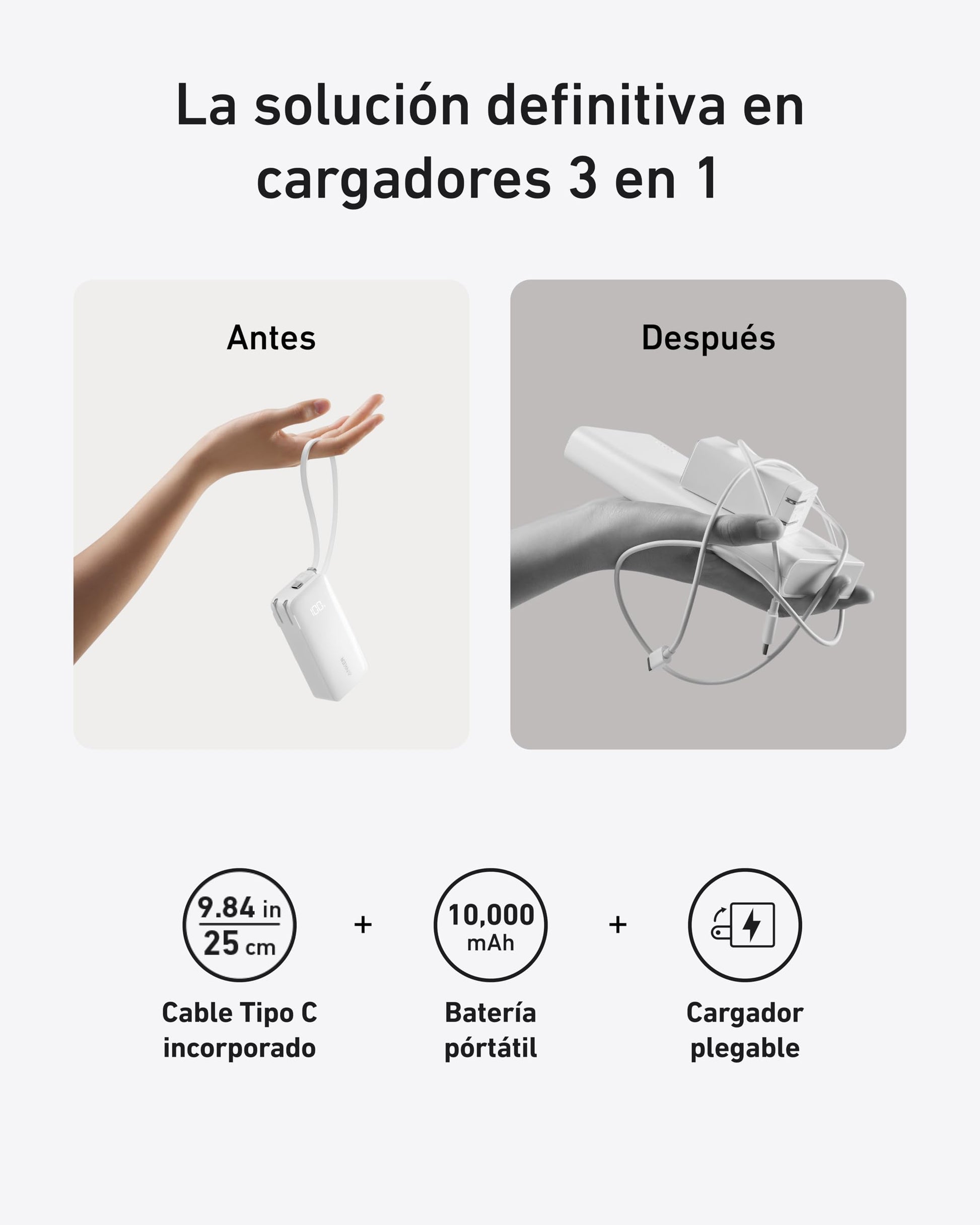 Cargador Portátil Anker USB C Negro 10,000mAh con Cable Integrado y Enchufe Plegable, Batería de 30W Máx para iPhone, Samsung y MacBook