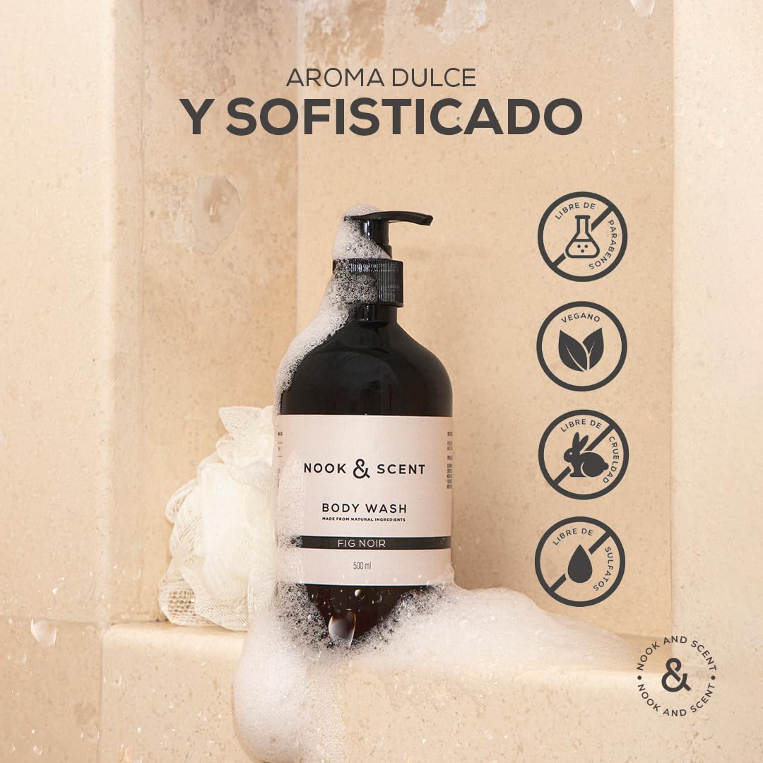Body Wash Higo | 500 ml | Limpieza e Hidratación | Libre de Sulfatos y Parabenos, Vegano, Aceites Esenciales, Aroma Dulce y Sofisticado con Notas de Higo y Ron | Gel de Baño Nook & Scent