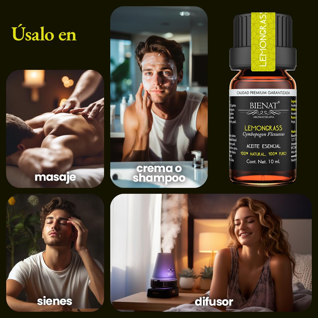 BIENAT AROMATERAPIA Aceite Esencial de Lemongrass 10mL | 100% Puro y Concentrado | Ideal para Difusor de Aromas, Humidificador, Aromaterapia, Masajes, Meditación, Jabones y Velas | Esencia Natural en Gotas