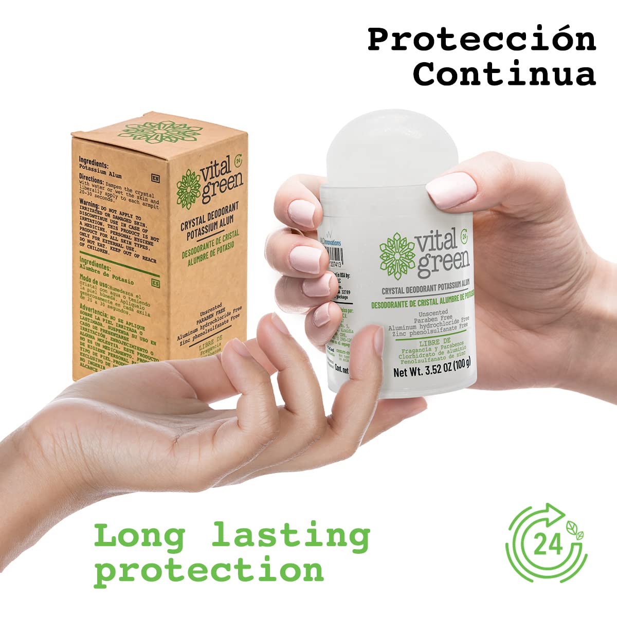 Vital Green - Desodorante Natural de Piedra Cristal de Alumbre de Potasio, Sin Parabenos y Sin Alcohol. Elimina El Olor y No Mancha, Presentación 100 g - 3.5 oz (1 Unidad)