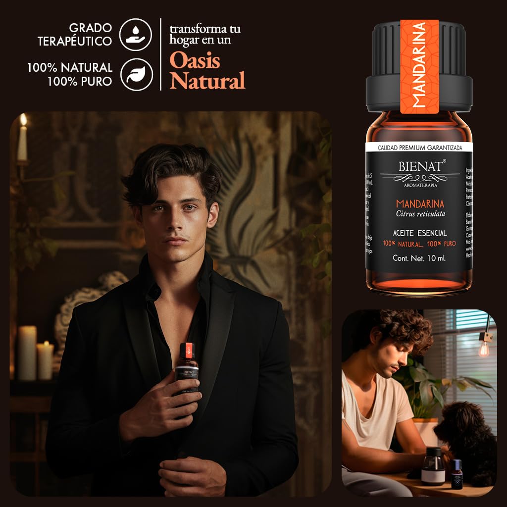 BIENAT AROMATERAPIA Aceite Esencial de Mandarina 10mL | 100% Puro y Concentrado | Ideal para Difusor de Aromas, Humidificador, Aromaterapia, Masajes, Meditación, Jabones y Velas | Esencia Natural en Gotas