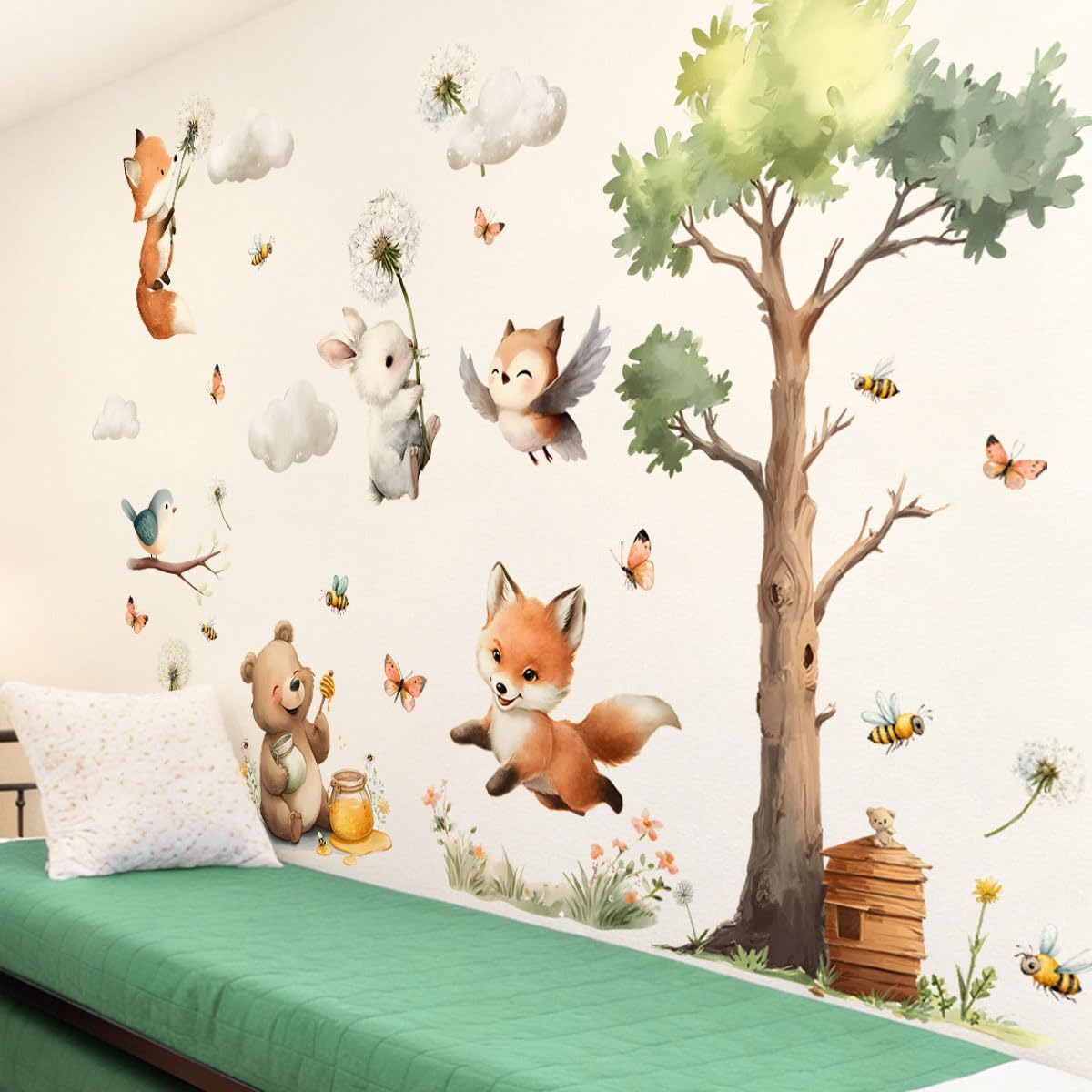 Calcomanías de pared de animales, lindas calcomanías para guardería, animales osos, flores, mariposas, pájaros, nubes, árboles, pelar y pegar, calcomanías de pared, guardería, recámara, sala de estar