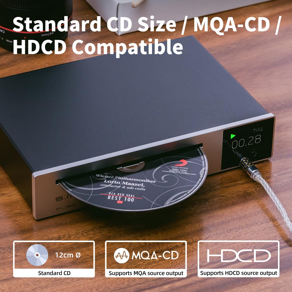 SMSL PL150 Reproductor de CD de alta potencia CS43198 D/A, CDs estándar/MQA-CD/HDCD, con auriculares RCA/3,5 mm y 4,4 mm, salida óptica/coaxial, para vehículo/portátil/TV/PC, amplificador de