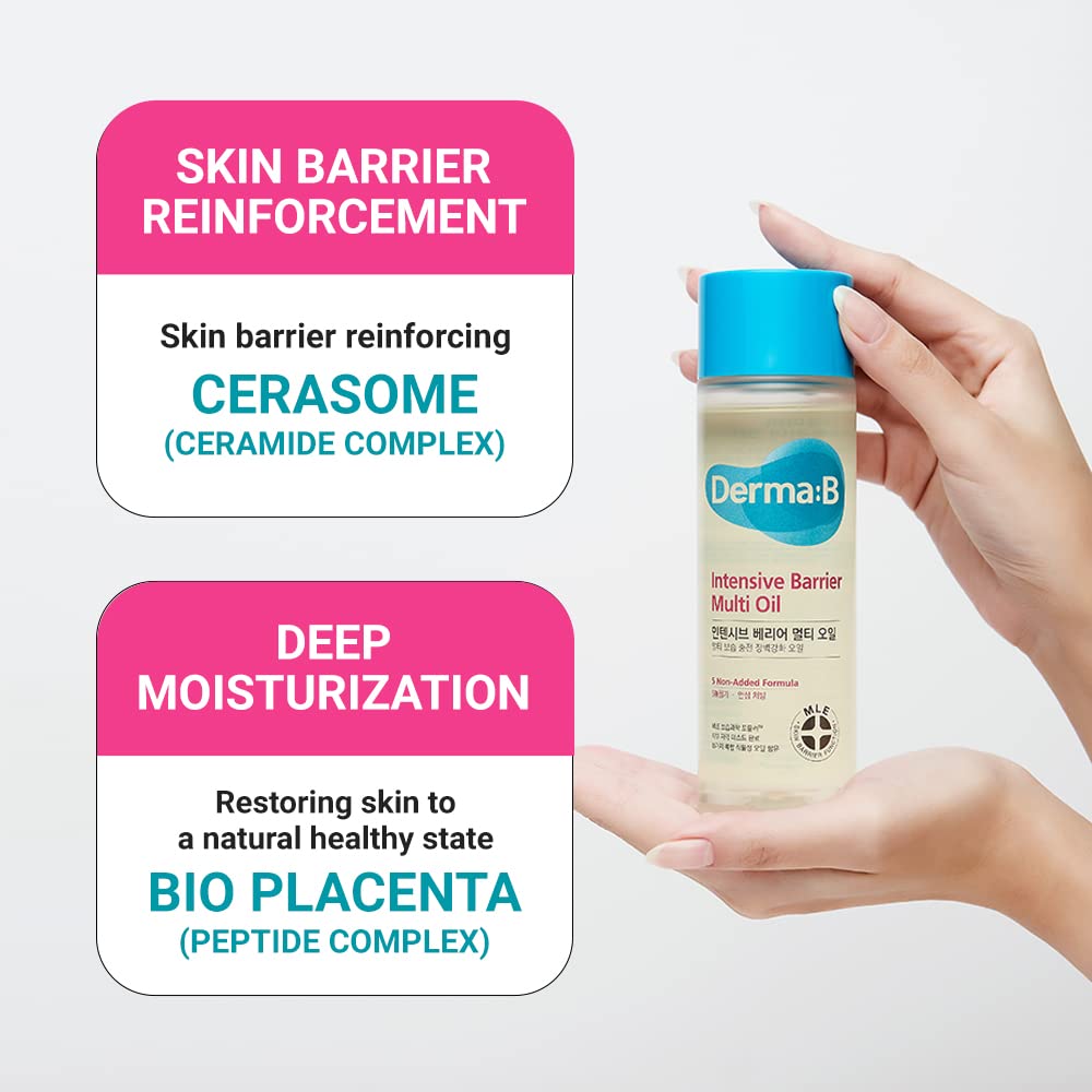 Derma B- Aceite multiusos hidratante y no pegajoso de barrera intensiva de 135 ml y 4,56 onzas líquidas para el cuerpo y el cabello