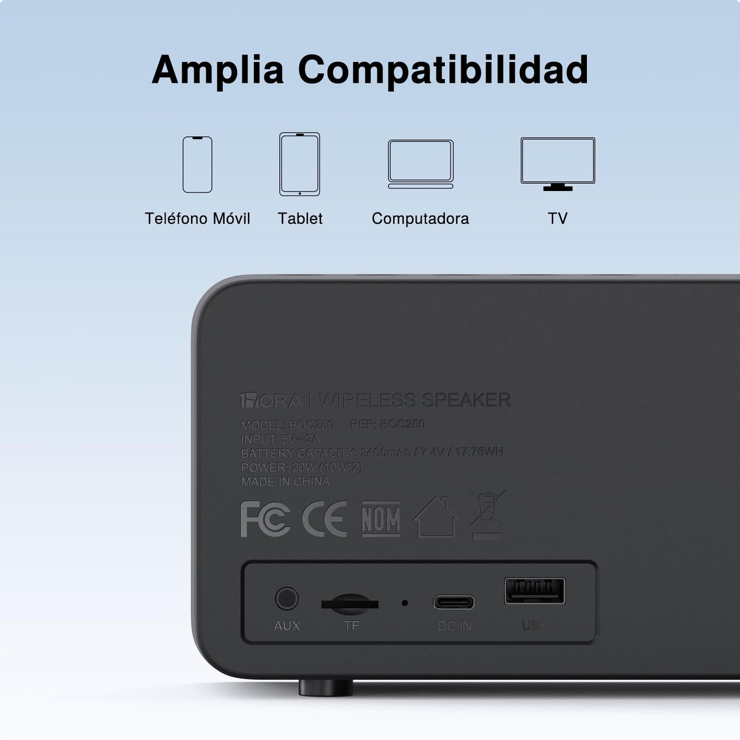 Barra de Sonido Bocina Bluetooth 20W Negro con Batería 2400mAh Inalámbrica para Interior y Fiesta