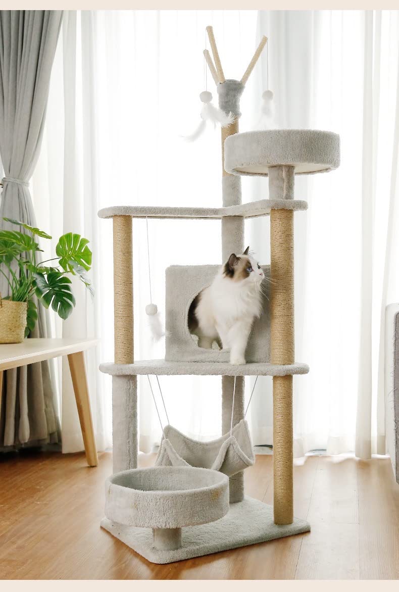 Rascador Torre Árbol UNA MASCOTA Gris con Casa y Cama para Gatos