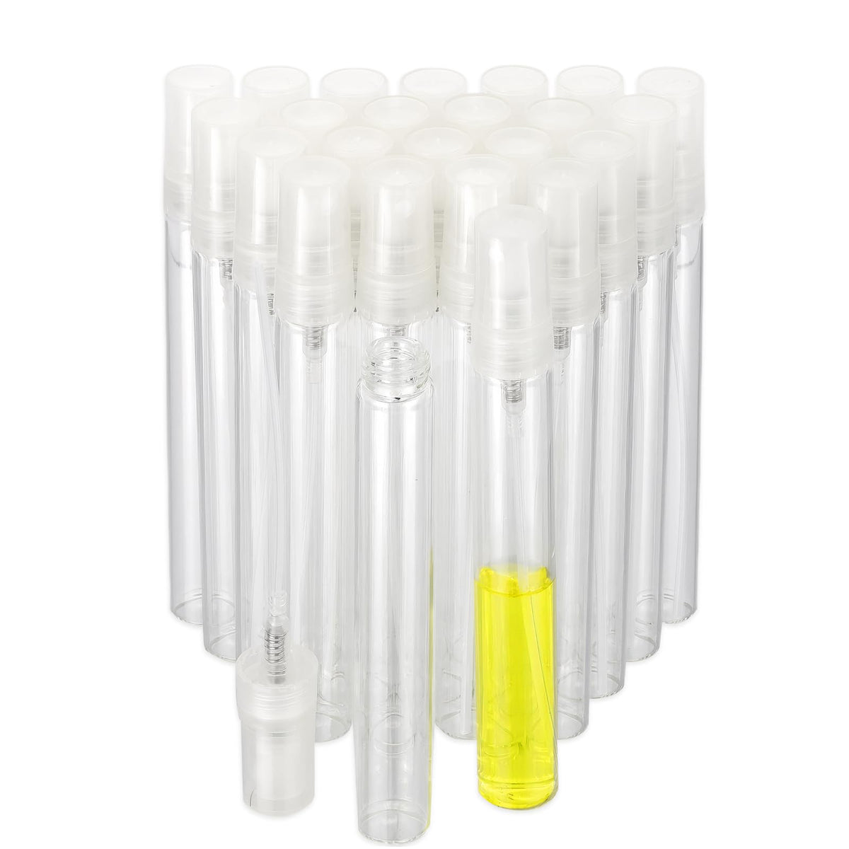 Kesell - Paquete de 24 botellas de spray de 10 ml, botella de spray de niebla fina rellenable vacía, botellas de aerosol de vidrio pequeñas con bombas atomizadoras, recipientes de líquidos pequeños