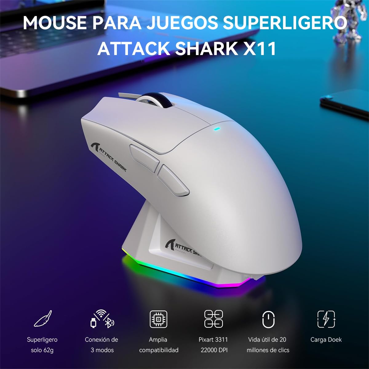 ATTACK SHARK X11 Mouse Inalámbrico con Base de Carga RGB, Mouse Gamer Ultraligero para Juegos, 2.4 GHz/Bluetooth/USB-C de 3 Modos, 24000DPI, 5 Botones programables para PC/Mac