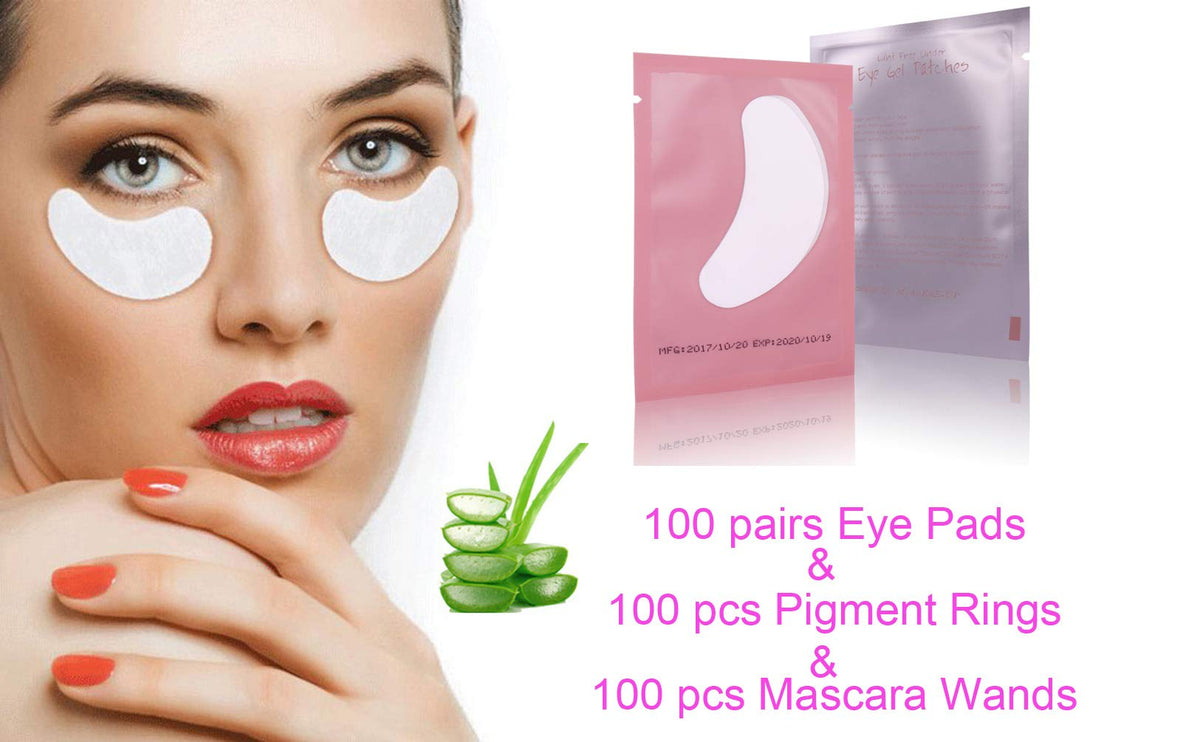 3x100 Packs- Lint Free Lash Extension Eye Gel Patches& Glue Rings Holder Eyelash Extension Rings& Eyelash Mascara Brushes Wands