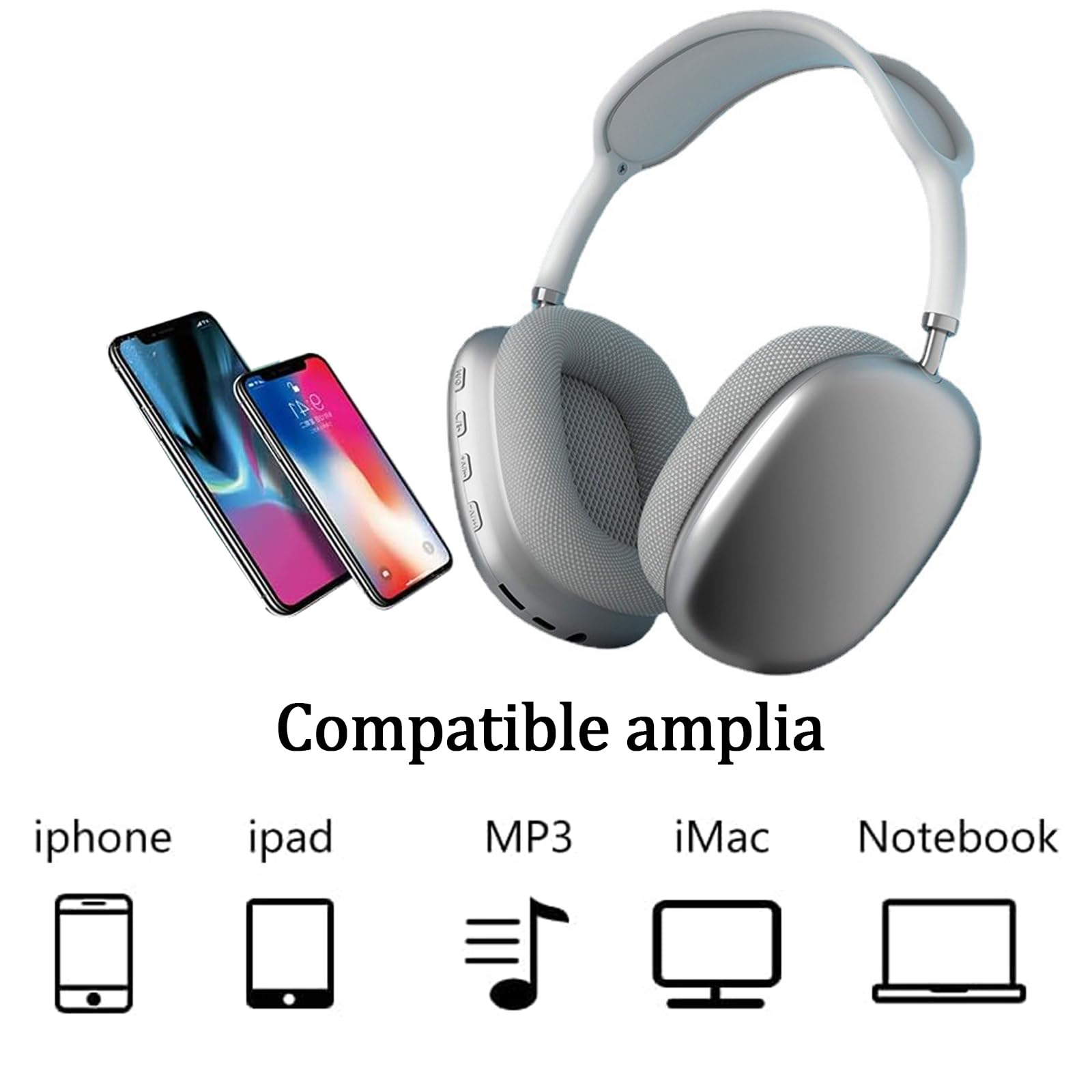 Audífonos inalámbricos on-Ear, Diadema Inalámbricos, Bluetooth 5.1, Micrófono Incorporado para Llamadas, Soporta TF, Conexión de Cable 3.5 mm, hasta 10 Horas, Alcance Inalámbrico de 10 Metros (Plata)
