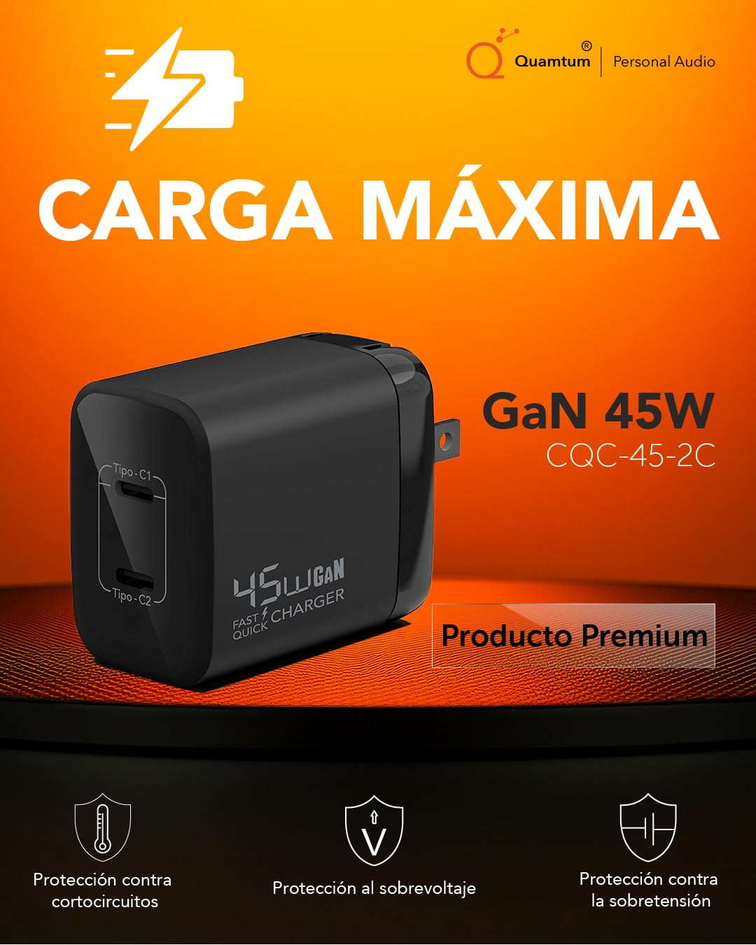 Cargador USB C GAN Portátil QUAMTUM PERSONAL AUDIO Blanco 45W con Carga Rápida y 2 Puertos para Galaxy, iPhone, Pixel y Huawei