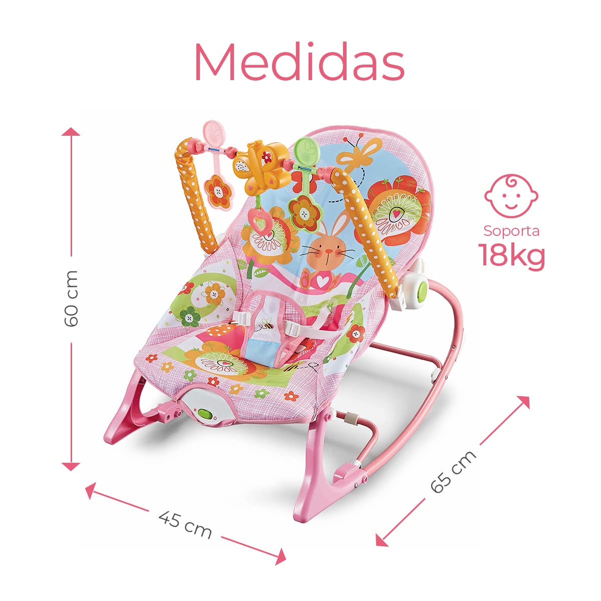 Silla Mecedora Musical Raganet Rosa con Barra de Juguetes Desmontable para Bebés y Niños