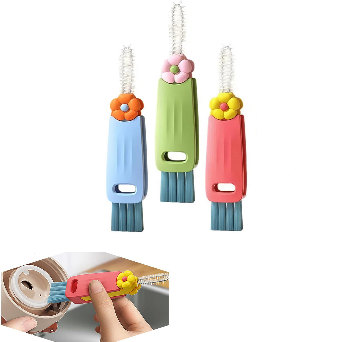 Paquete de 3 cepillos de limpieza – Cuello de botella de limpieza profunda, pajitas y tapas de taza, depurador de espacio apretado 3 en 1 para botellas de agua, tazas de viaje, cocina en casa y