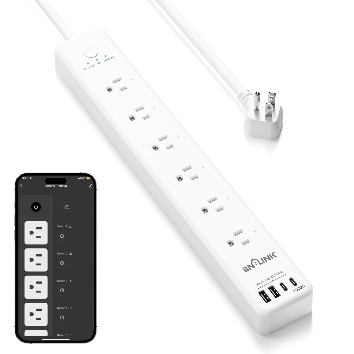 BN LINK Smart Plug Power Strip, protector de sobretensiones con 6 tomas inteligentes controladas individualmente, 4 USB (incl. 20 W USB-C), compatible con Alexa y Google Home