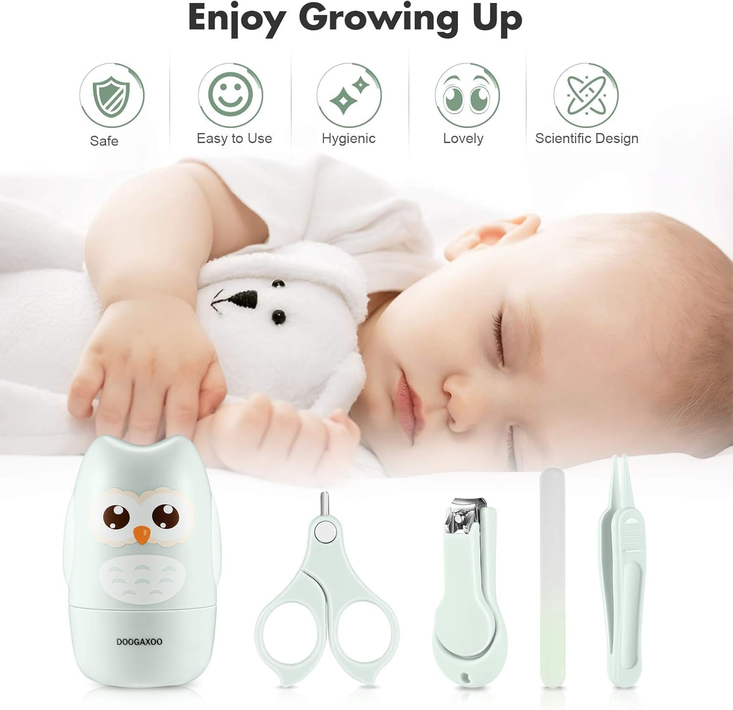 DOOGAXOO Kit de cortaúñas para bebé, 4 en 1, set de cuidado de uñas para bebé, con lima de uñas, tijeras y pinzas, kit de manicura para bebé y pedicura para recién nacido, niños, búho verde