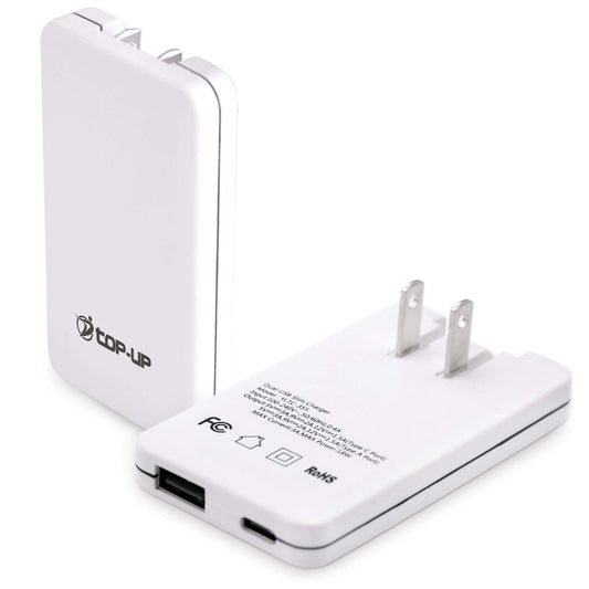 Cargador Dual TOP-UP Blanco Ultrafino de 30W con Enchufe Plegable para Dispositivos USB Tipo C y Tipo A