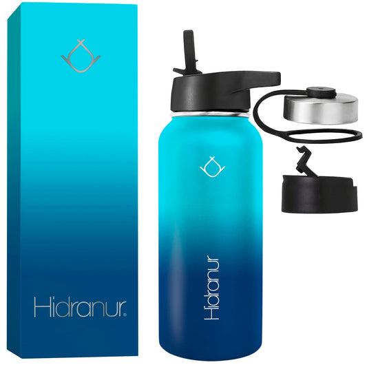 Hidranur Termo de Acero Inoxidable Doble Aislamiento Térmico, Termo Para Café 32 oz (946.35 ml), 3 Tapas Herméticas, 2 Popotes, 24 Hrs de Agua Caliente y Fría (Verde, 32 Oz (946.35 ml))