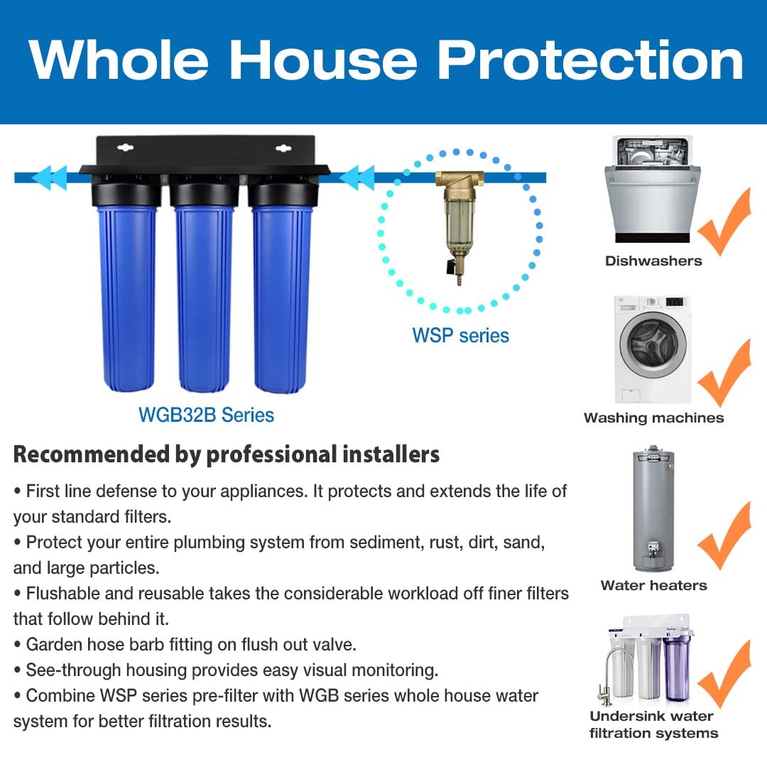 iSpring WSP-200 Filtro De Agua Reutilizable Para Toda La Casa Spin Down De Sedimentos, Prefiltro De 200 Micrones Flushing, 20GPM, 1" MNPT + 3/4" FNPT, Latón