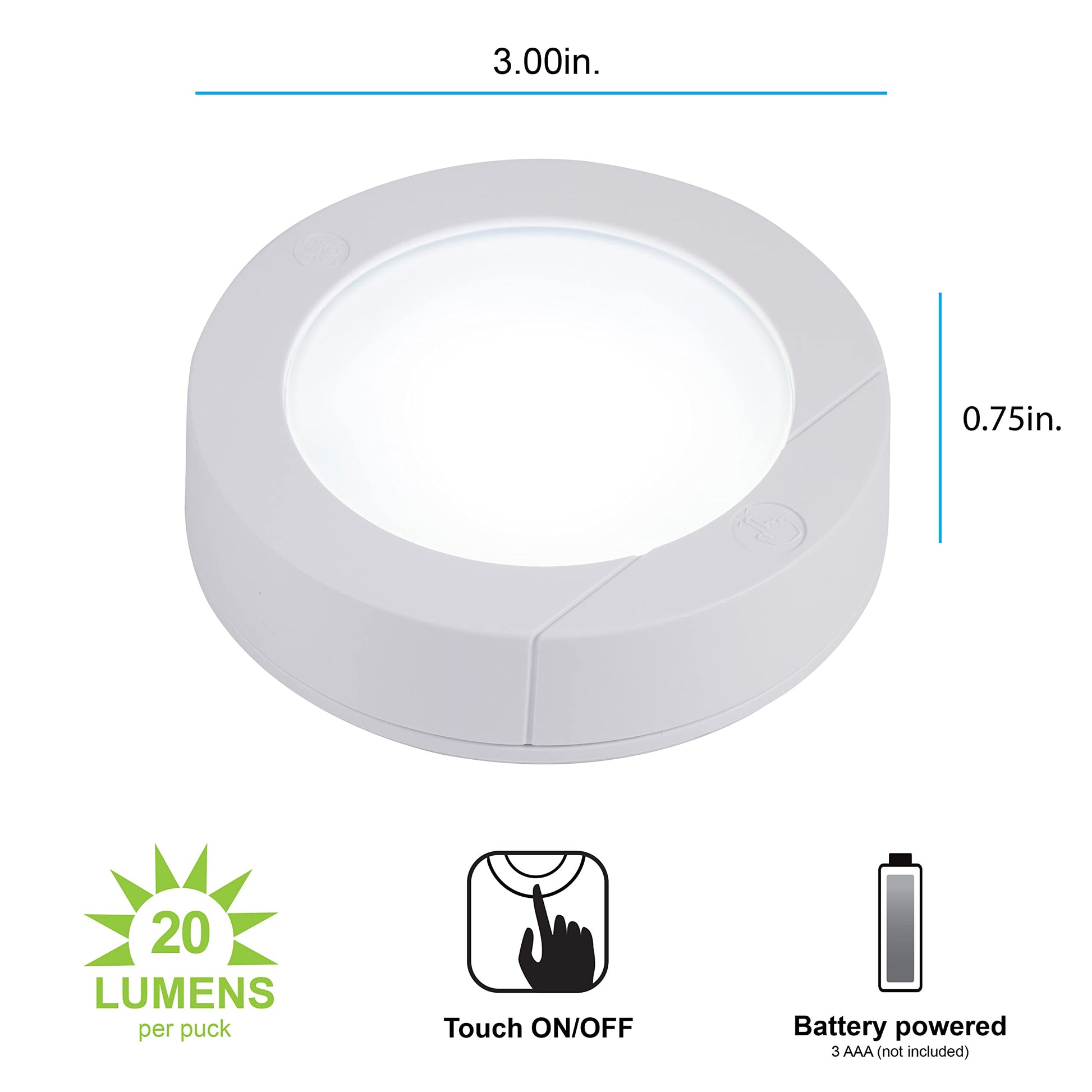 GE, Lampara LED Inalámbrica, Funciona con Pilas, Encendido/Apagado táctil, 20 lúmenes, Blanco Brillante, Ideal para Closets, Gabinetes, Garaje y Mas, Montaje con Cinta o Tornillo, Paquete de 2, 25434