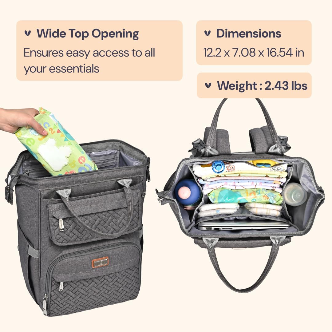 BabbleRoo Mochila para pañales, bolsas grandes multifunción con cambiador, correas de carriola y funda para chupete, unisex, elegante, bolsa para cambiar pañales para mamás y papás (gris oscuro)