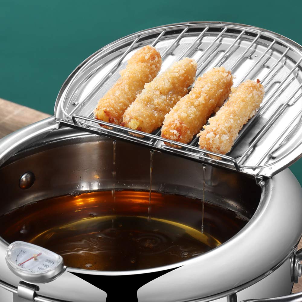 Olla para Freír Tempura Japonesa de Acero Inoxidable con Termómetro y Escurridor plateada, pequeña 24 cm