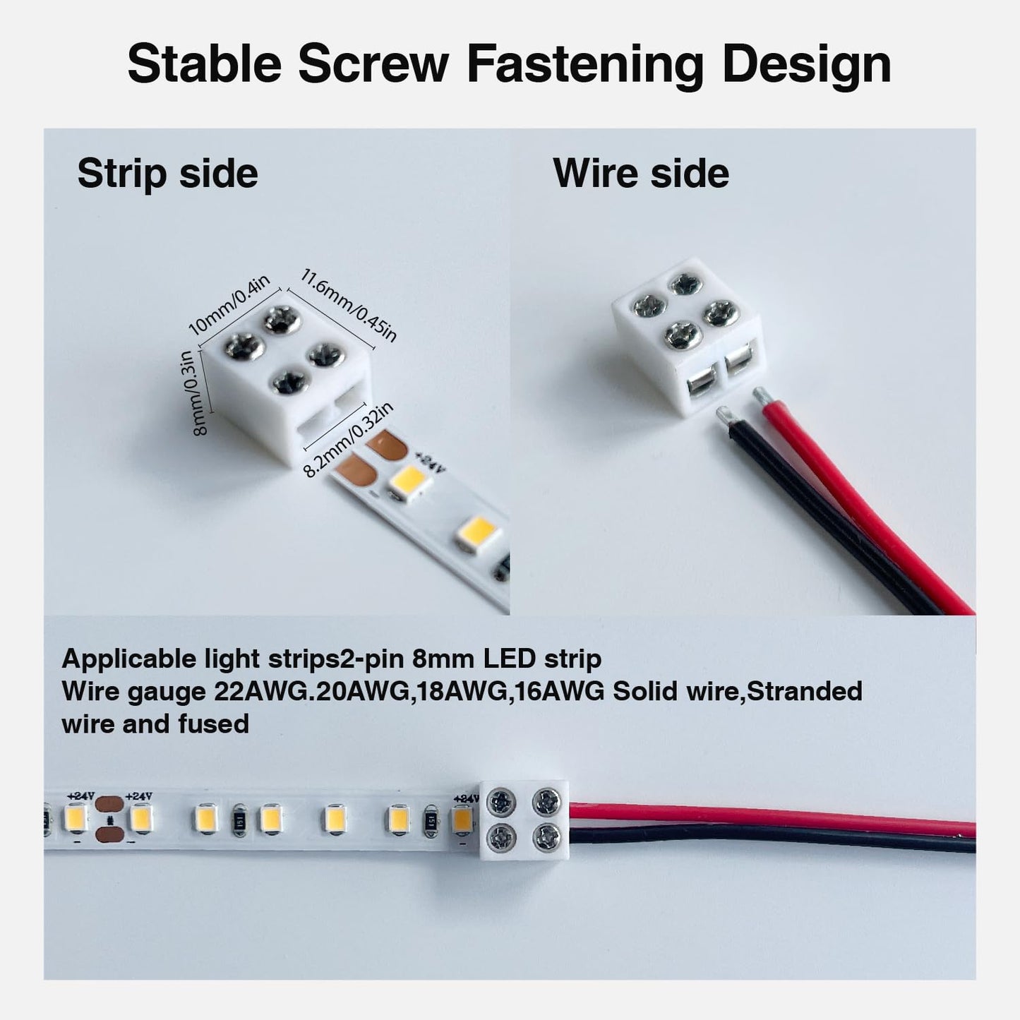 CEZELUX - Paquete de 12 conectores de tira de luz LED de 8 mm, 2 pines, sin soldadura, blanco de 12 V, conectores de luz a cable para tira de luces LED de 5 V, 24 V, solo color, incluye