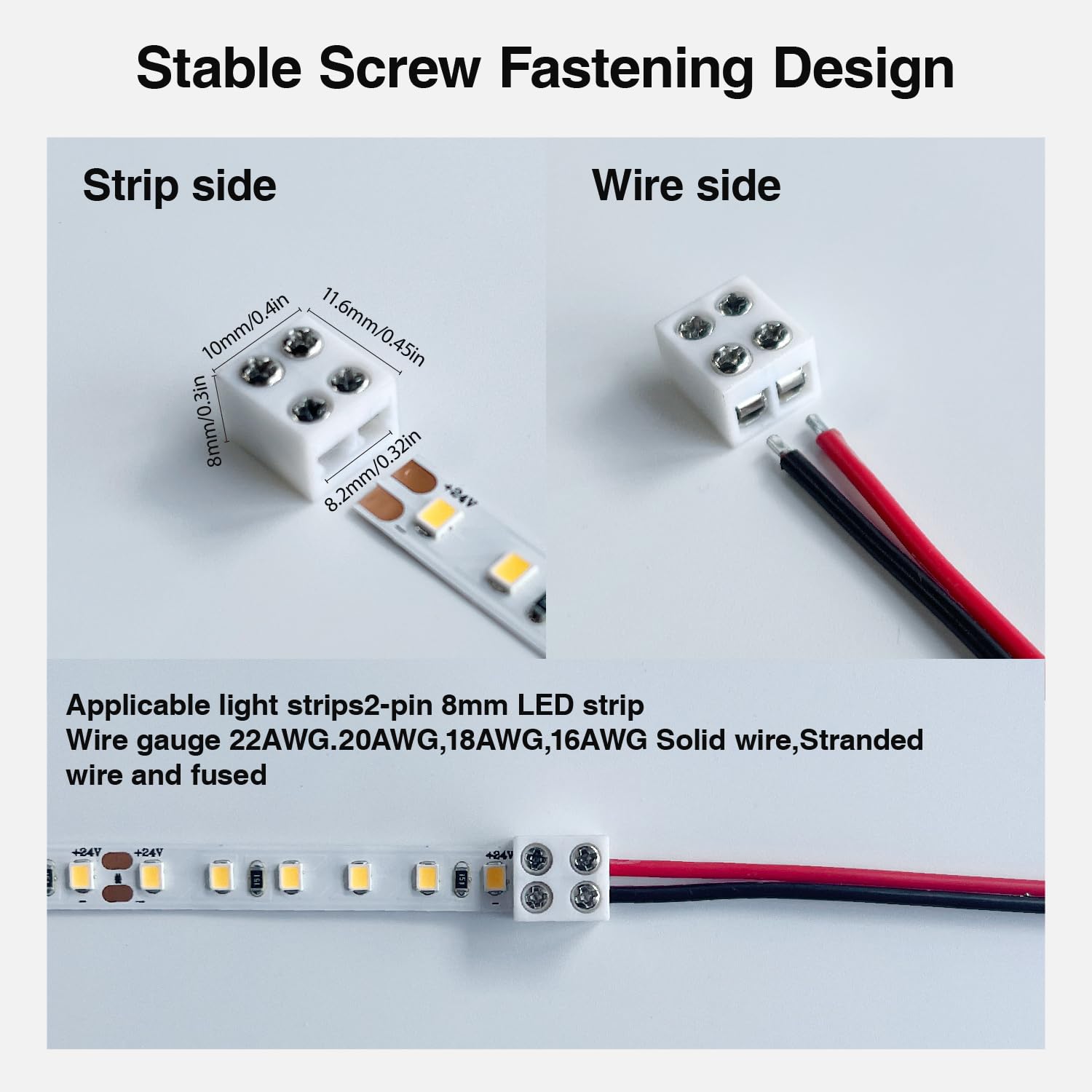 CEZELUX - Paquete de 12 conectores de tira de luz LED de 8 mm, 2 pines, sin soldadura, blanco de 12 V, conectores de luz a cable para tira de luces LED de 5 V, 24 V, solo color, incluye