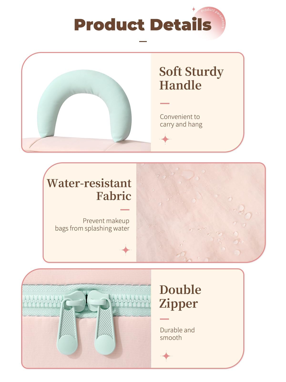 Lalamisi - Bolsa de maquillaje de viaje para mujer, bolsa de maquillaje de gran capacidad, bolsa organizadora, bolsa de aseo portátil, impermeable, con asa y divisor, Rosado, Bolsa de cosméticos de