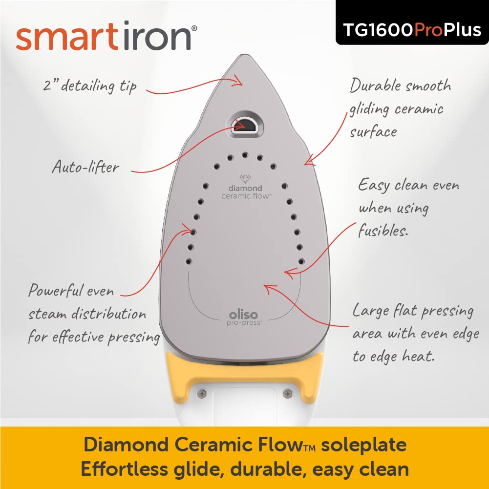 Plancha de Vapor Oliso Amarilla con Elevación Automática y Suela de Cerámica de Diamante para Ropa y Costura
