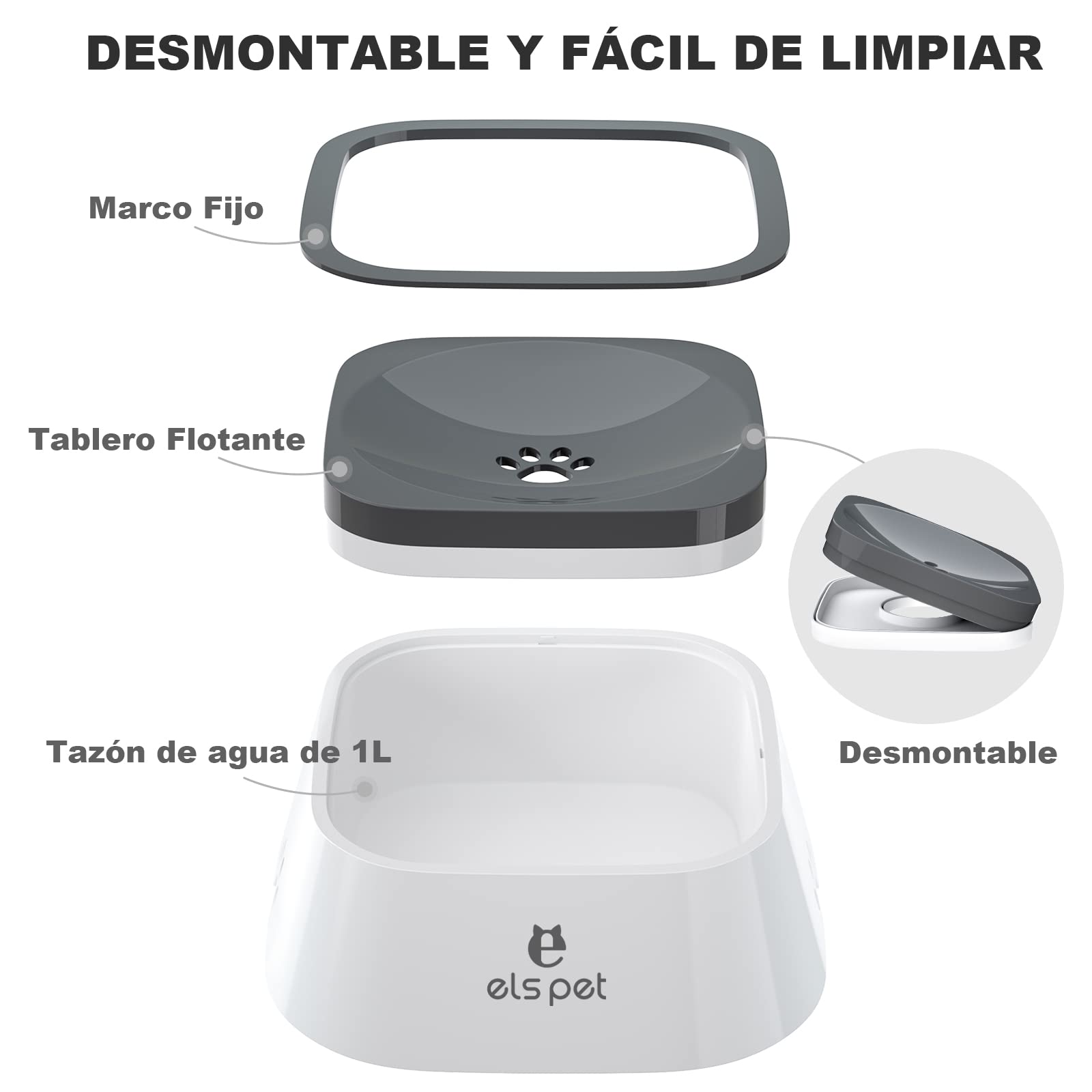 ELS PET Cuenco para Perros sin derrames, Cuenco de Agua para Mascotas, sin Goteo, alimentador de Agua Lenta para Gatos, dispensador de Agua para Mascotas, Cuenco de Agua de Viaje de 35 onzas