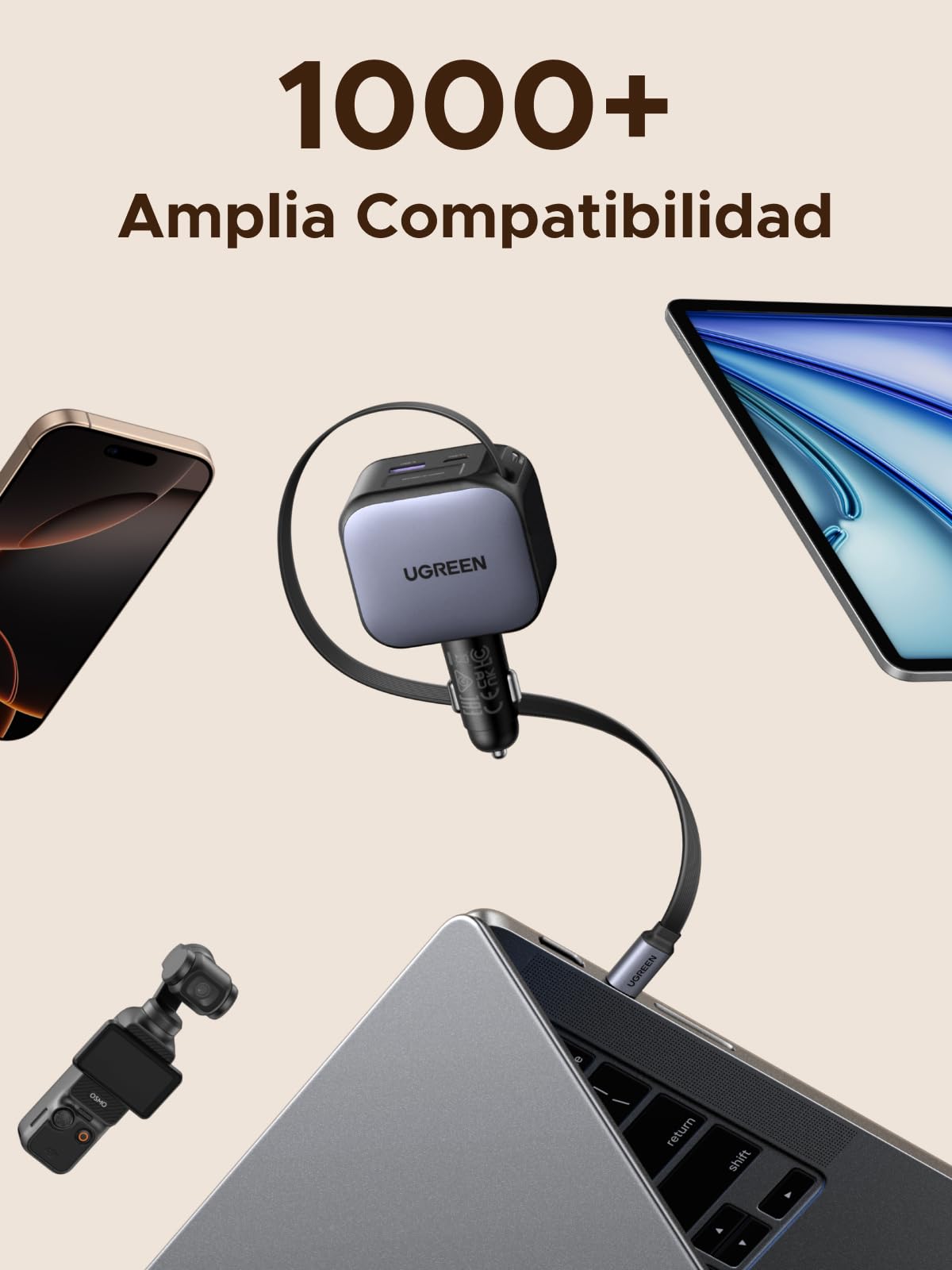 Cargador para Auto UGREEN Negro 3 en 1 Carga Rápida con Cable Retráctil USB C 60W