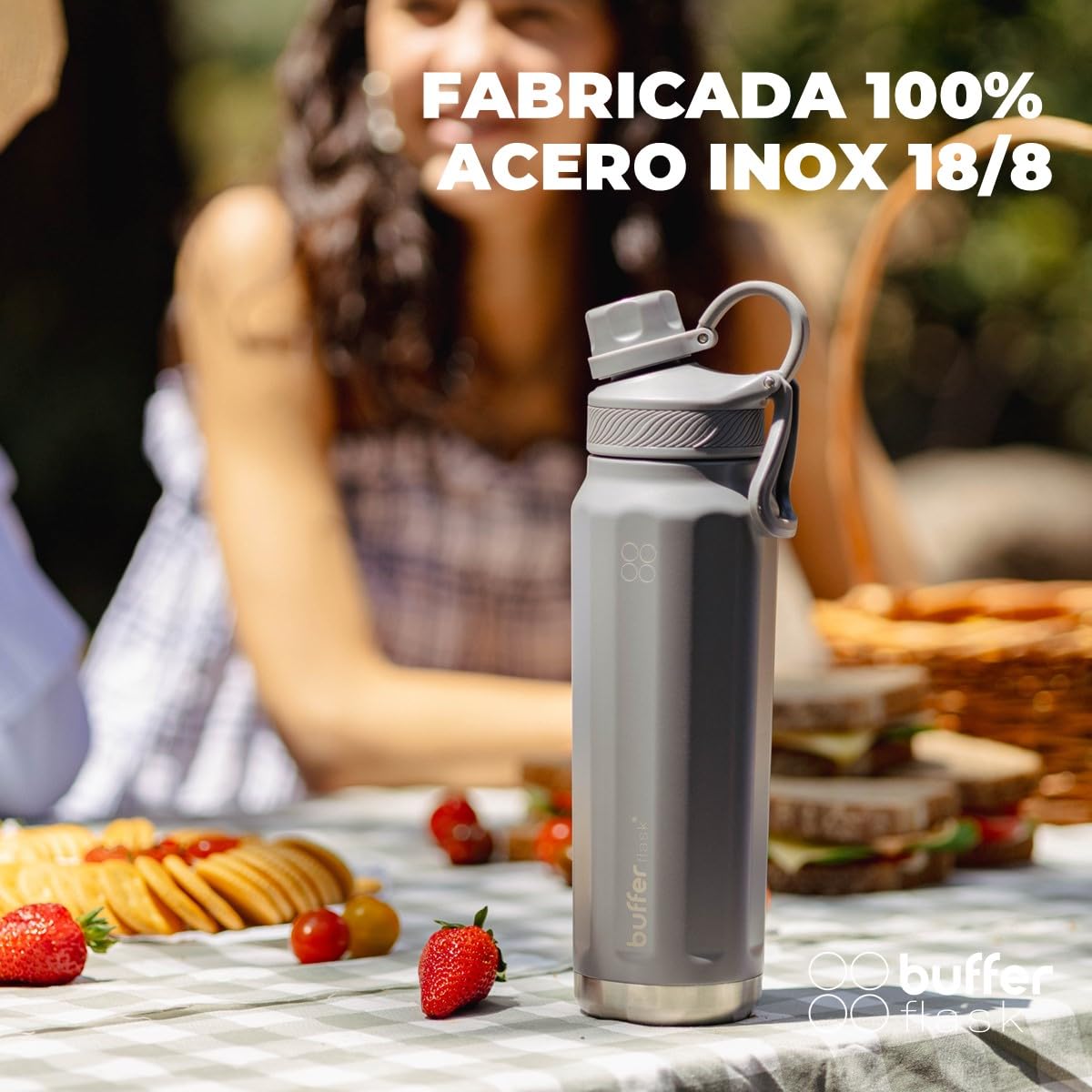 BUFFER FLASK - Termo de Acero Inoxidable | Botella de Agua Aislante, Termos Agua Fría (24 horas) o Caliente (12 horas) | Antigoteo, Hermético | Incluye tapas | 700 ml - 24 Oz| Color Cool Grey