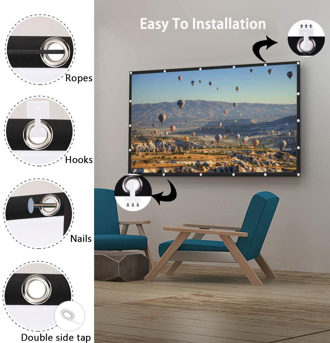 ASHATA - visualización de proyección Plegable portátil de 60 Pulgadas 16:9 HD 4K, visualización de proyección Plegable sin Arrugas, Soporte de visualización de Doble Cara para hogar, Oficina, Cine en