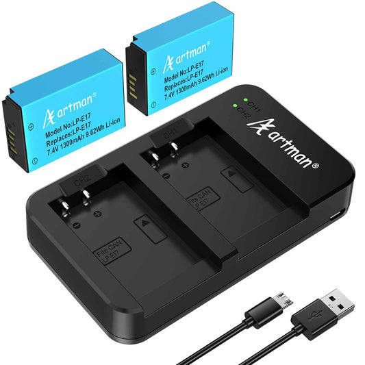 Artman 2-Pack LP-E17 Baterías y Cargador Rápido Dual USB para Canon EOS R50 RP R10 R8,Rebel T8i, T7i, T6i, T6s, SL2, SL3, EOS M3, M5, M6, EOS 200D, 77D, 750D, 760D, 800D, 8000D, Cámara réflex digital